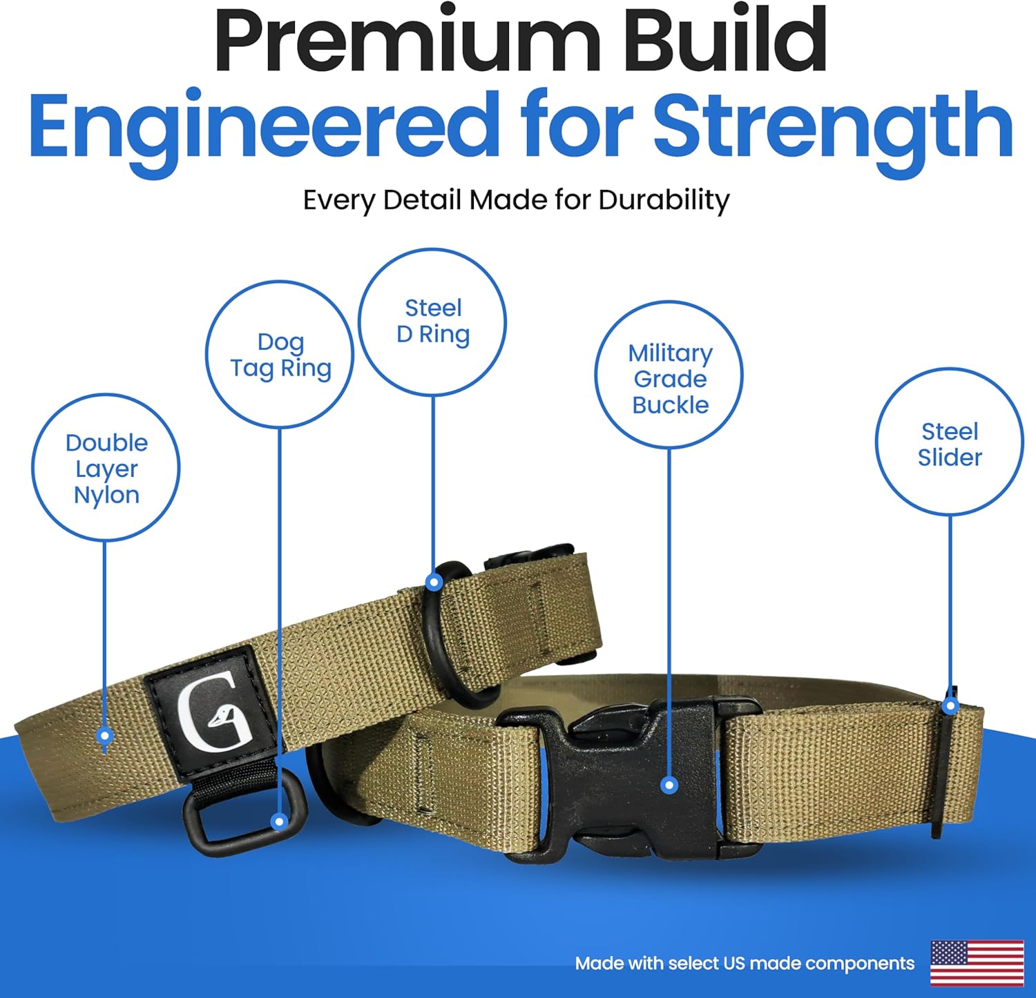 GOOSEMAN’S Gear - 350lb Load Tested Dog Collar - Mil-Spec Nylon & Buckle - Medium & Large Breeds - (Tan, X-Large)