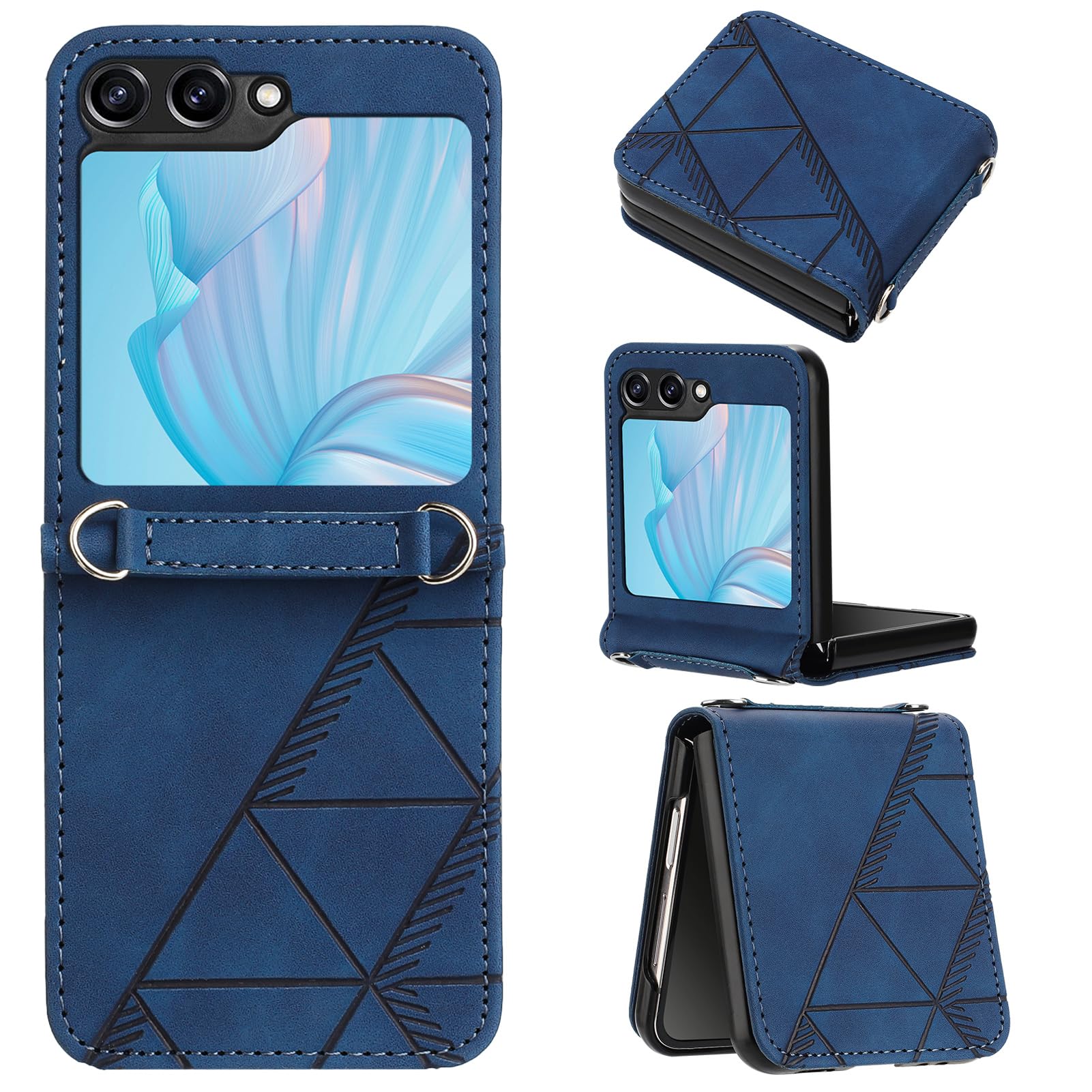 for Samsung Galaxy Z Flip 6 Case with Screen Protector, Flip Wallet Folding Cover PU Leather Purse Case Card Slots Kickstand Magnetic Closure Full Protection Shockproof,Blue