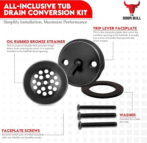 Miniatura 3 de Juego de molduras de bañera con palanca de viaje con placa frontal de desbordamiento de dos agujeros, desagüe de bañera con colador, desbordamiento