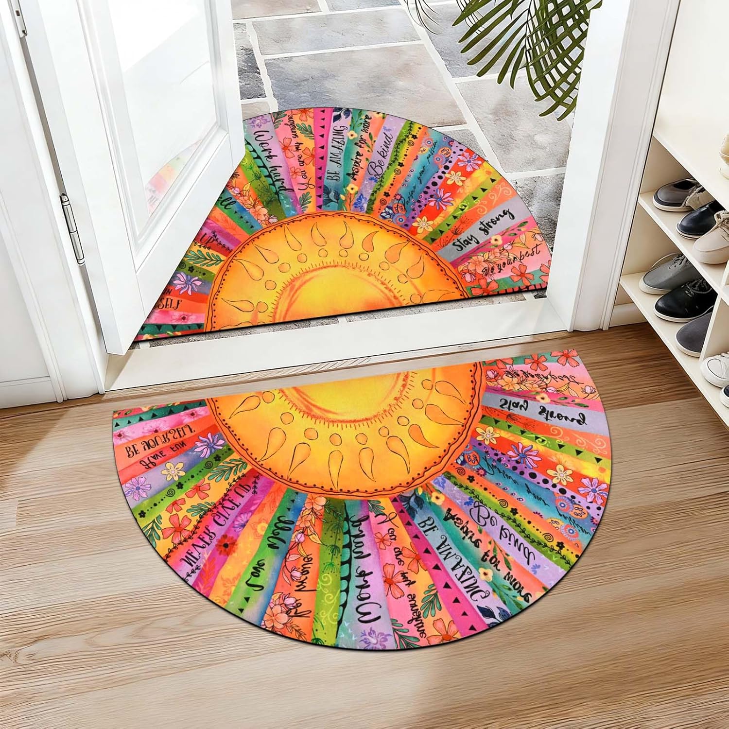 Likiyol Sun Door Mat Indoor Entrance, Inspirational Quotes Welcome Mat Half Circle Front Door Mats, Colorful Floral Non Slip Boho Doormat Outdoor Indoor Entrance, Low Profile, Absorbent, 18" x 30"