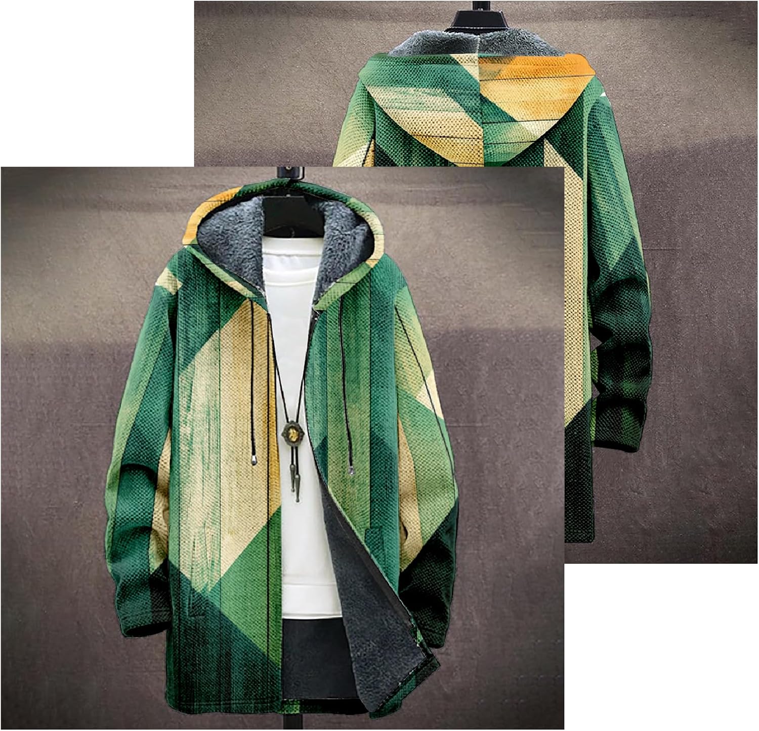 Mens Long Cardigan Hoodies Geometric Hooded Jacket Open front Knitted Sweater Hoodie with Pockets Winter Coats - Image 4