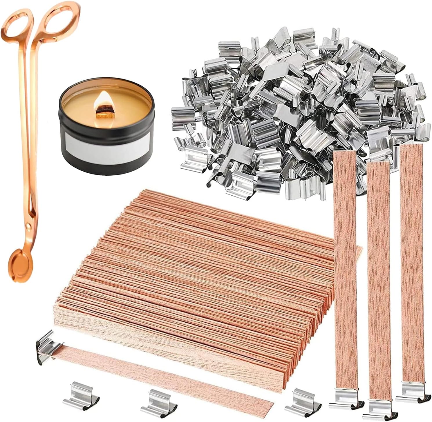 Goodern 101 PCS Wood Wicks for Candles,Natural Environmental Wooden Candle Wicks with Metal Base Clip Candle Warning Labels Smokeless Candle Wicks Holder DIY Candles Supplies for Home Office Bedroom