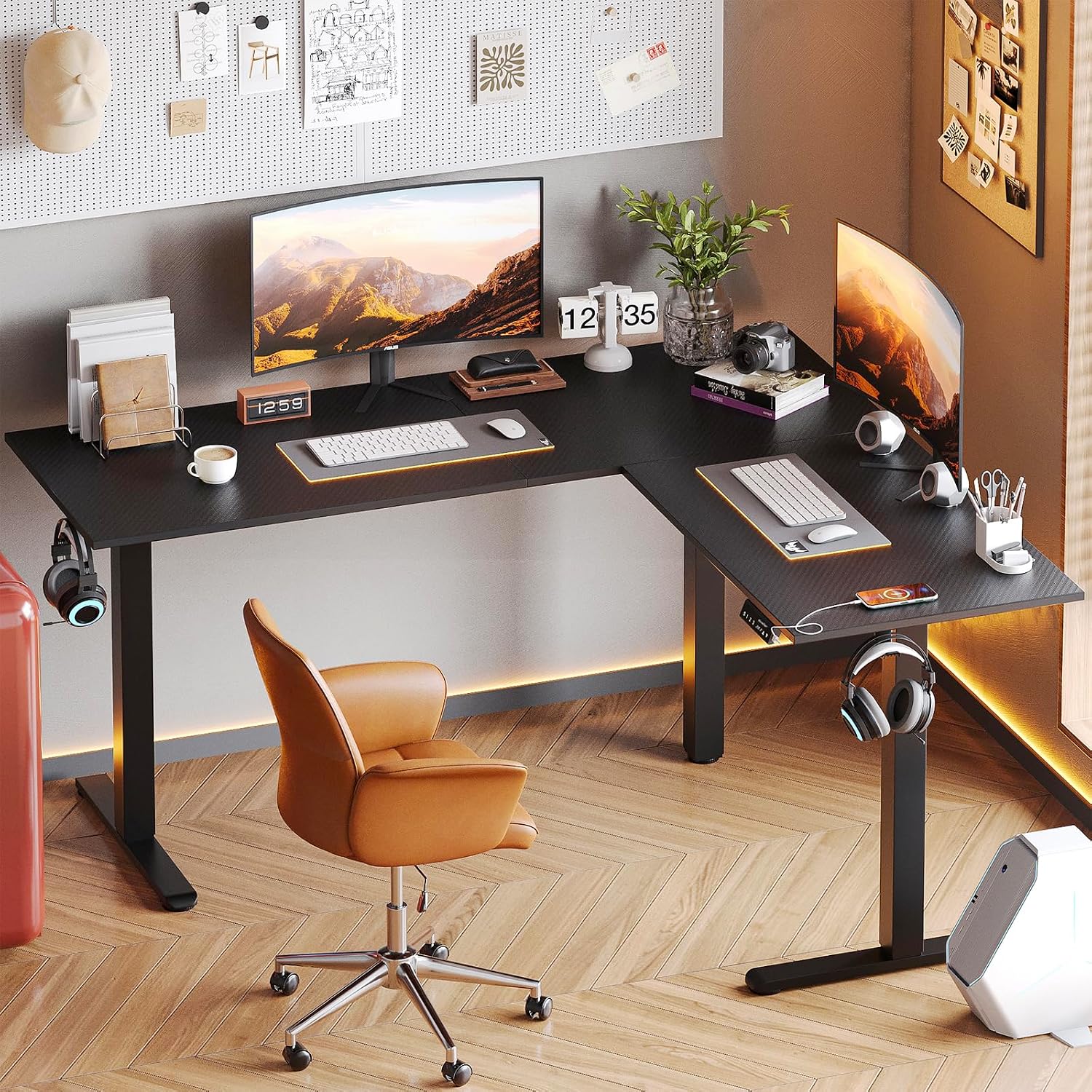 Collage of desk features: headset hook, carbon fiber texture, adjustable feet, stability