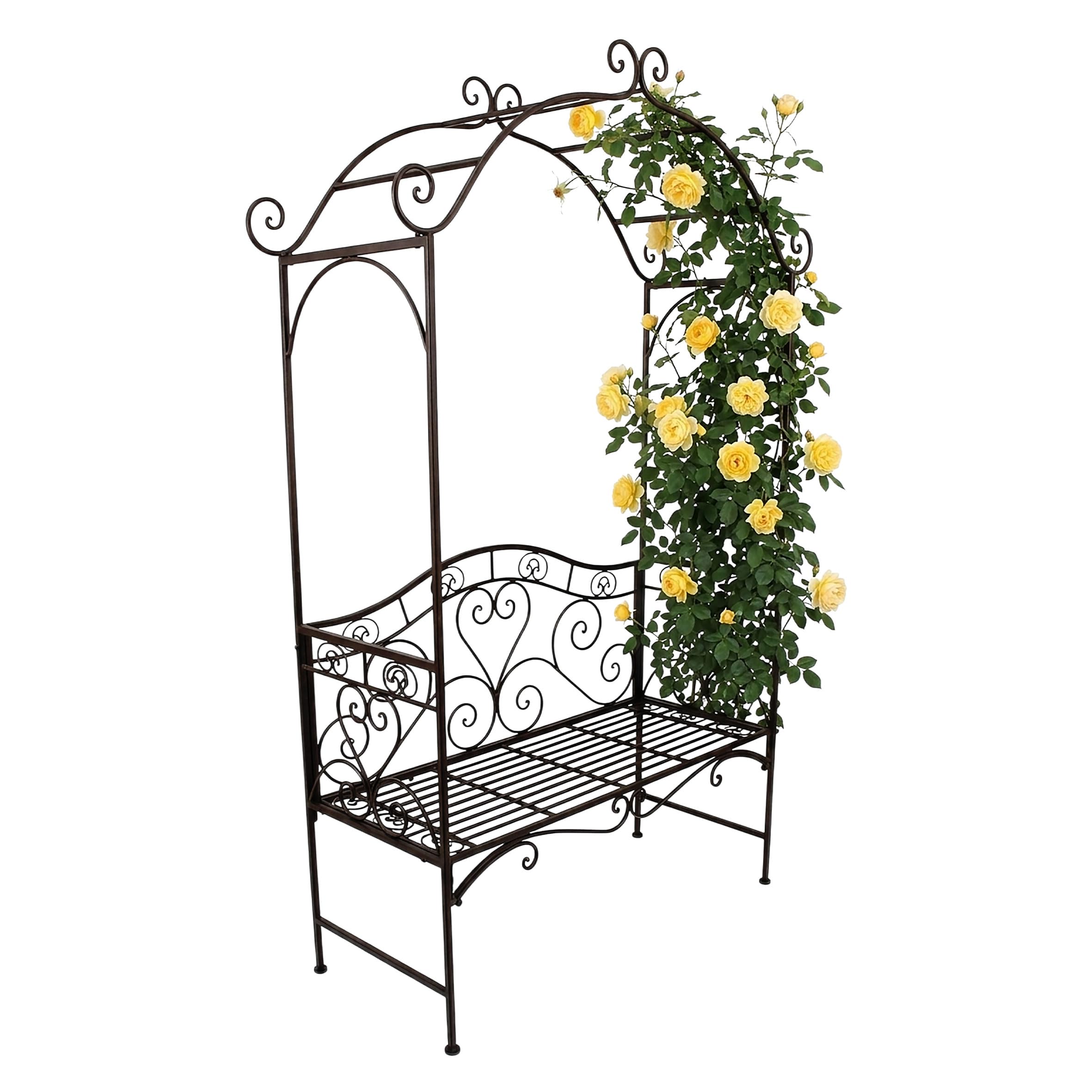 Metalowa ławka do siedzenia z łukiem różanym – 200 x 124 x 48 cm – Outdoor Lounge ławka ogrodowa z różami dekoracja 2-osobowa