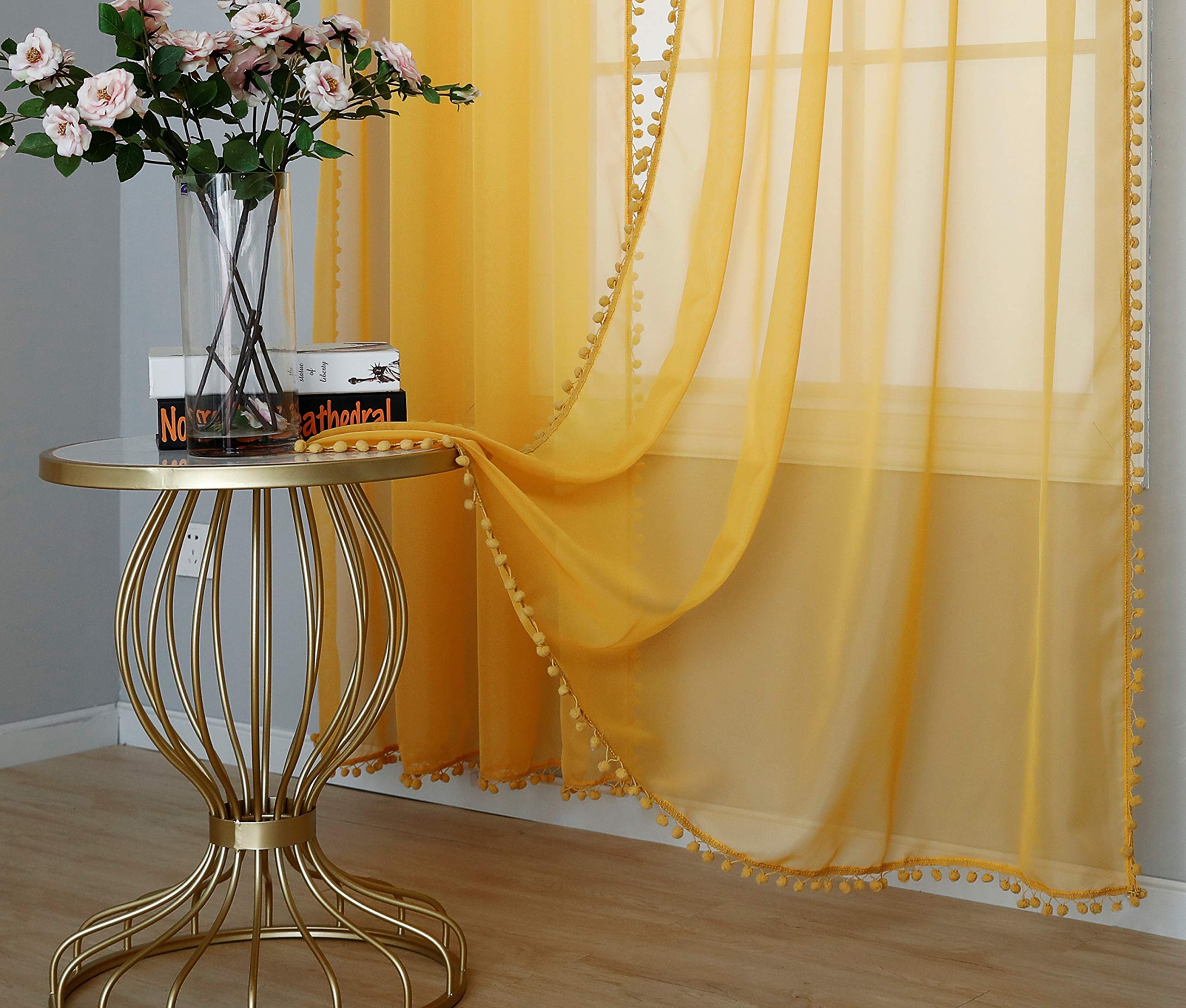 Amania Trading Girls Mustard Ltd Pom Pom Slot Top Pure Sheer Voile Children Modern Curtain Panels 48" (122Cm) Drop
