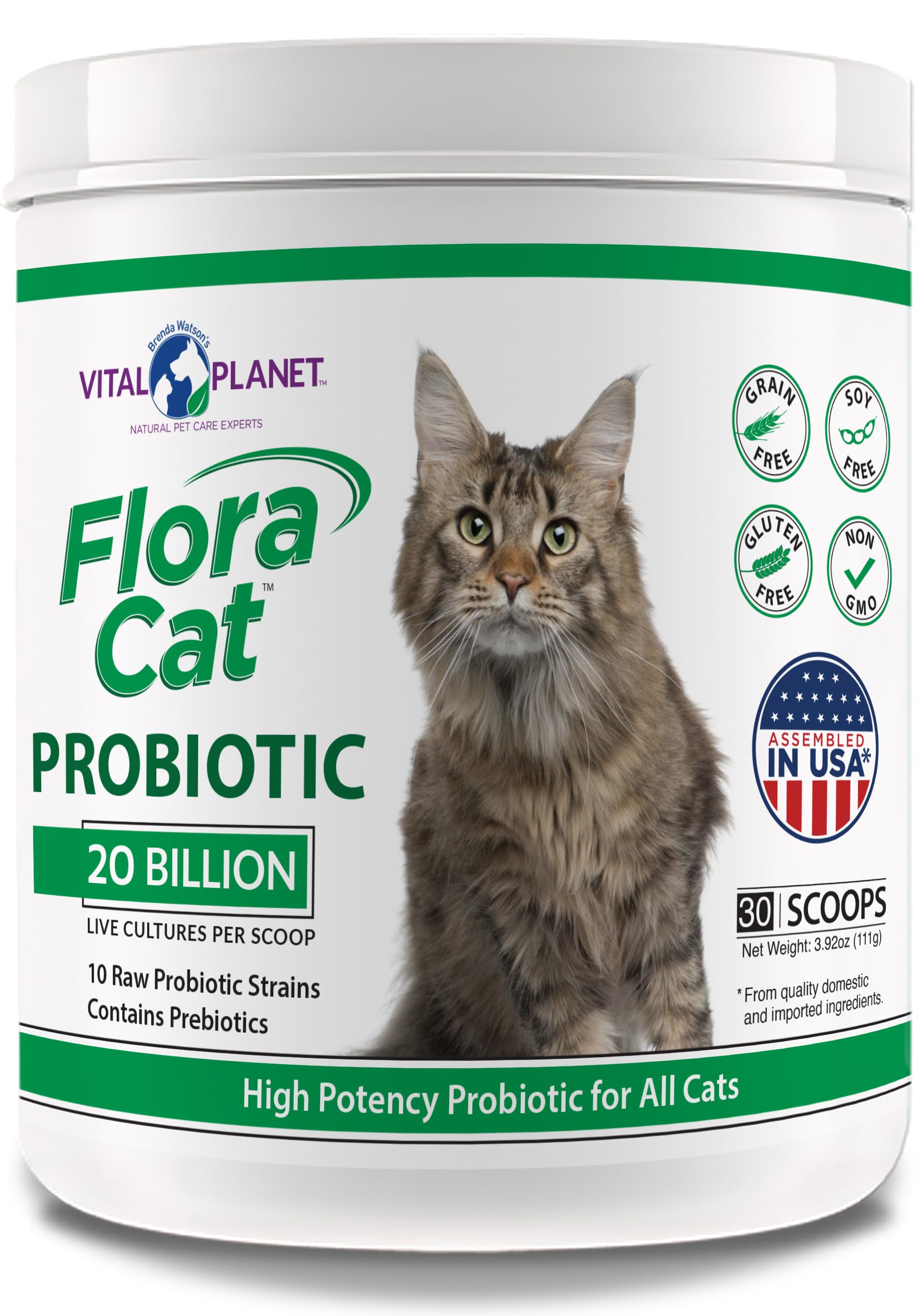 Vital Planet - Flora Cat Probiotic Powder Supplement with 20 Billion Cultures and 10 Diverse Strains High Potency Probiotics for All Cats for Feline Digestive and Immune Support 30 Scoops 3.92 oz