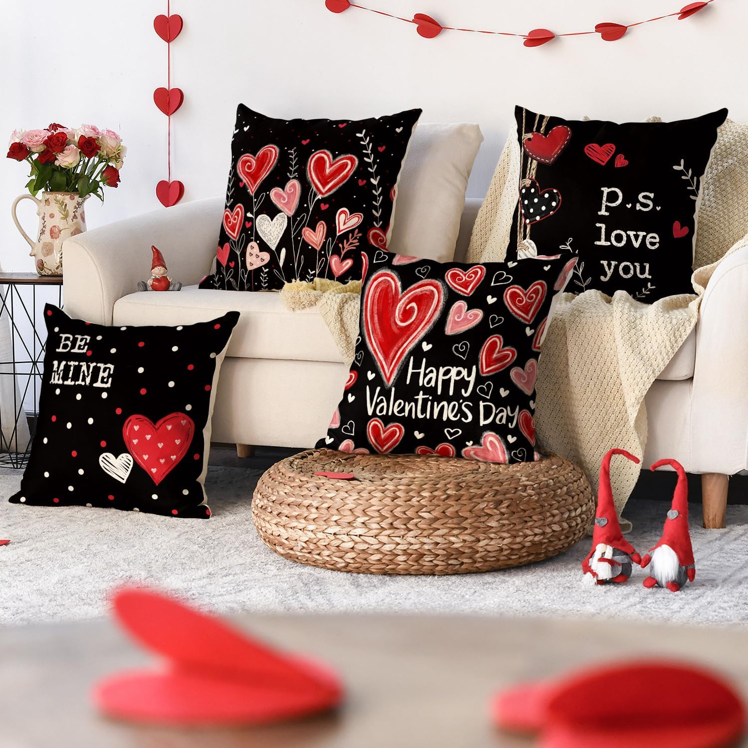 AVOIN colorlife Happy Valentine's Day Red Heart Throw Pillow Covers, 18 x 18 Inch Love You Be Mine Black Anniversary Wedding Cushion Case Decoration for Sofa Couch Set of 4 - Image 2