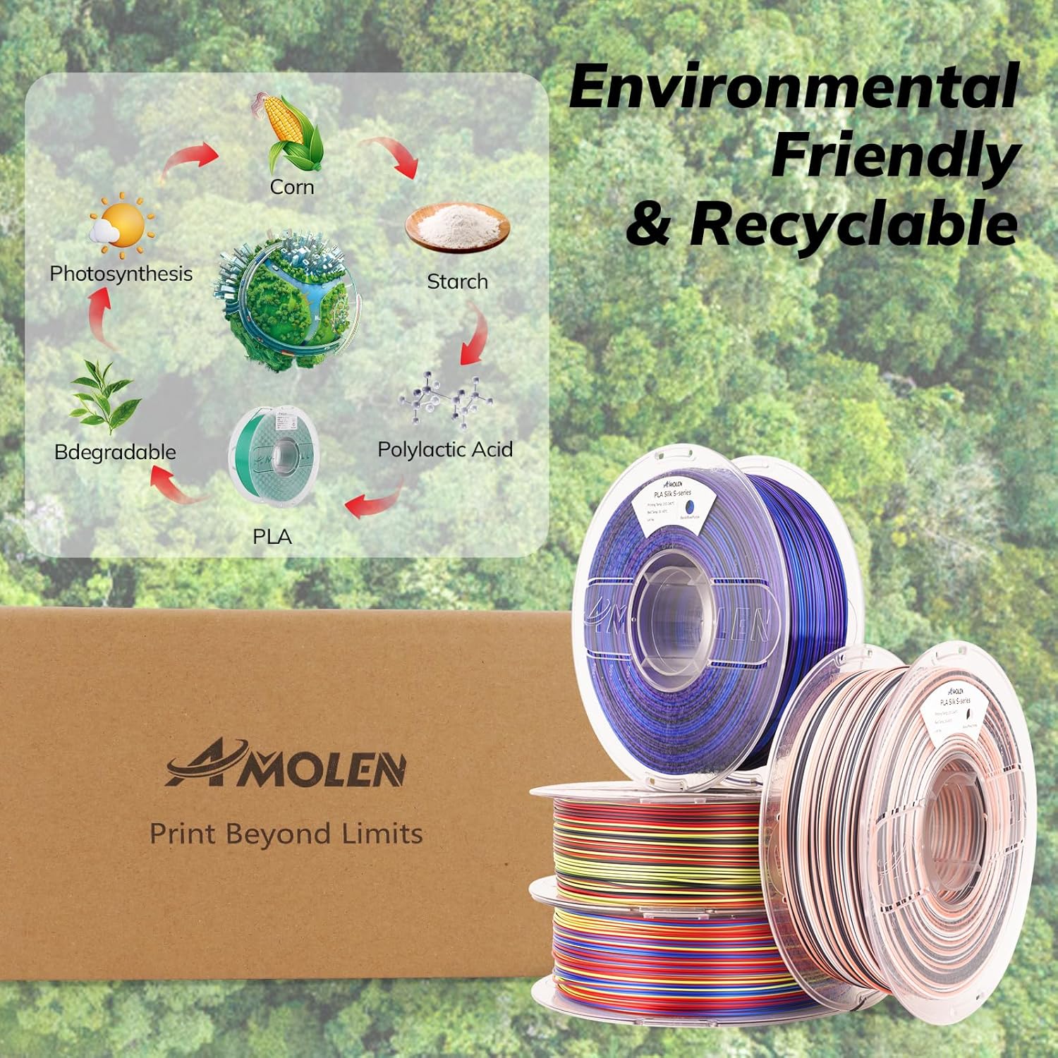 AMOLEN Silk PLA 3D Printer Filament Bundle, Multicolor Rainbow Filament 1.75mm Pack, Fast Color Change 3D Printing Filament for Most FDM 3D Printer, 1kg X 4 Spools