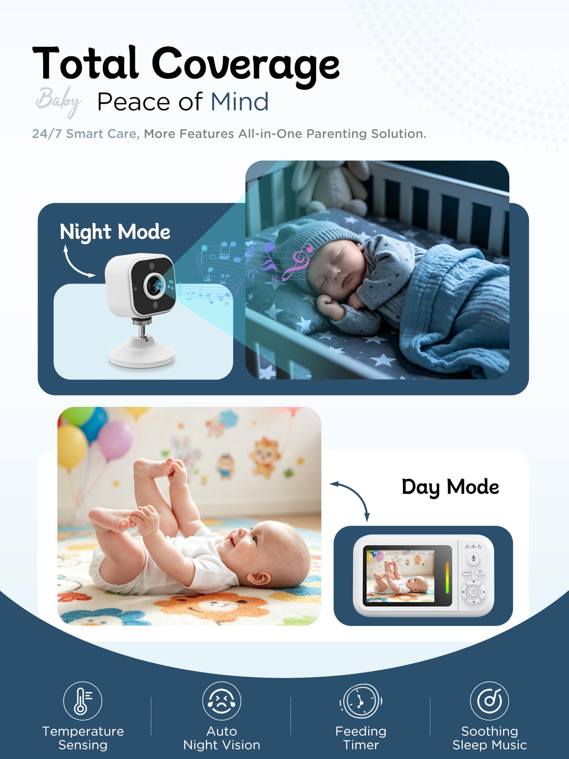 Moniteur bébé avec caméra et vision nocturne, sans WiFi, avec clip de lit et support