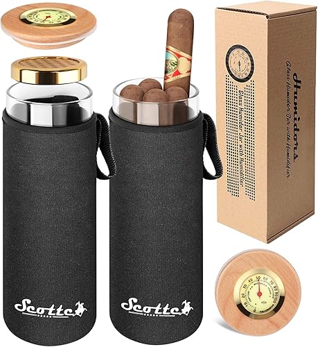 Scotte - Estuche humidificador para puros, en caja de regalo, con higrómetro, tubo de viaje para 5 puros
