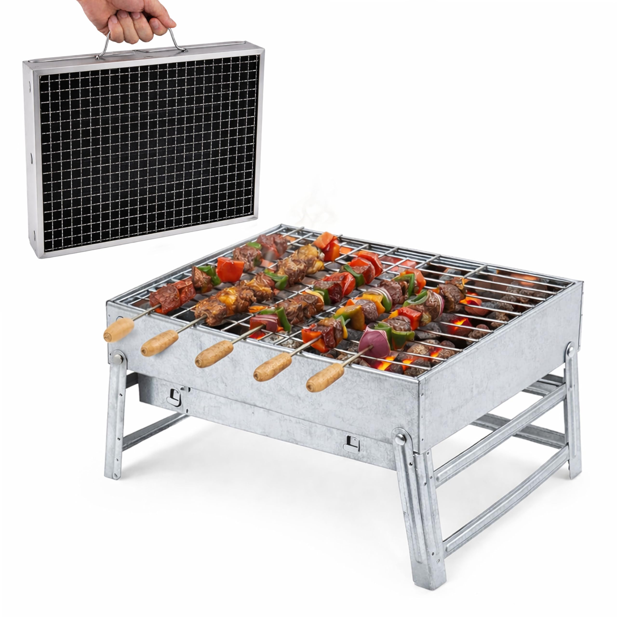 Portable BBQ for Camping, Foldable Charcoal Barbecue Grill for Outdoor, Stainless Steel BBQ Tabletop Smoker for Picnic, Garden, Terrace, Camping, Travel, Hiking(39x22x24cm)