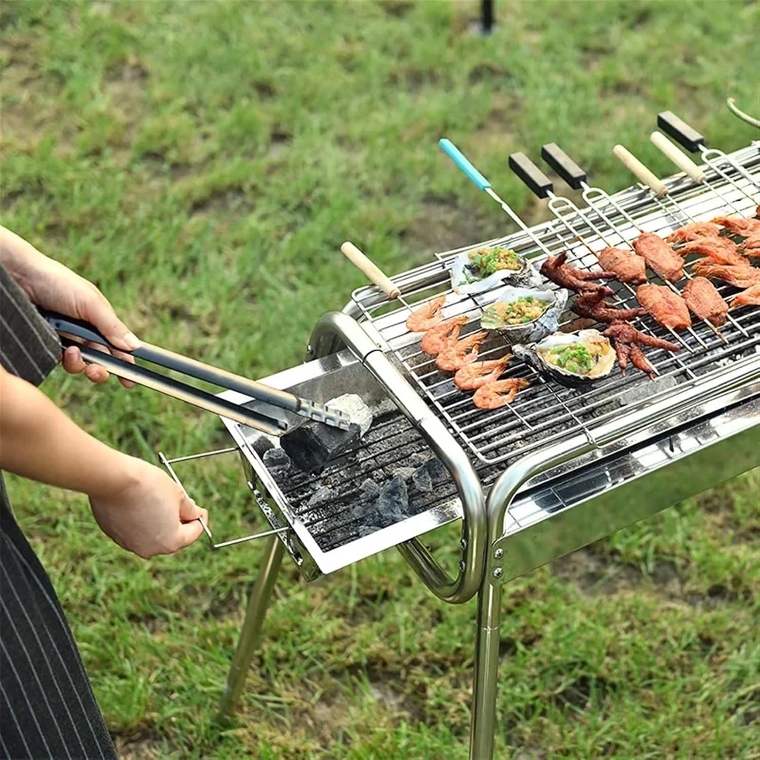 Grill Poker Fire Tongs Barbecue Charcoal Tong Stainless Steel Barbecue Tongs Picker Tool Outdoor Camping Cooking Tool(2PCS) (One Color 1PC)