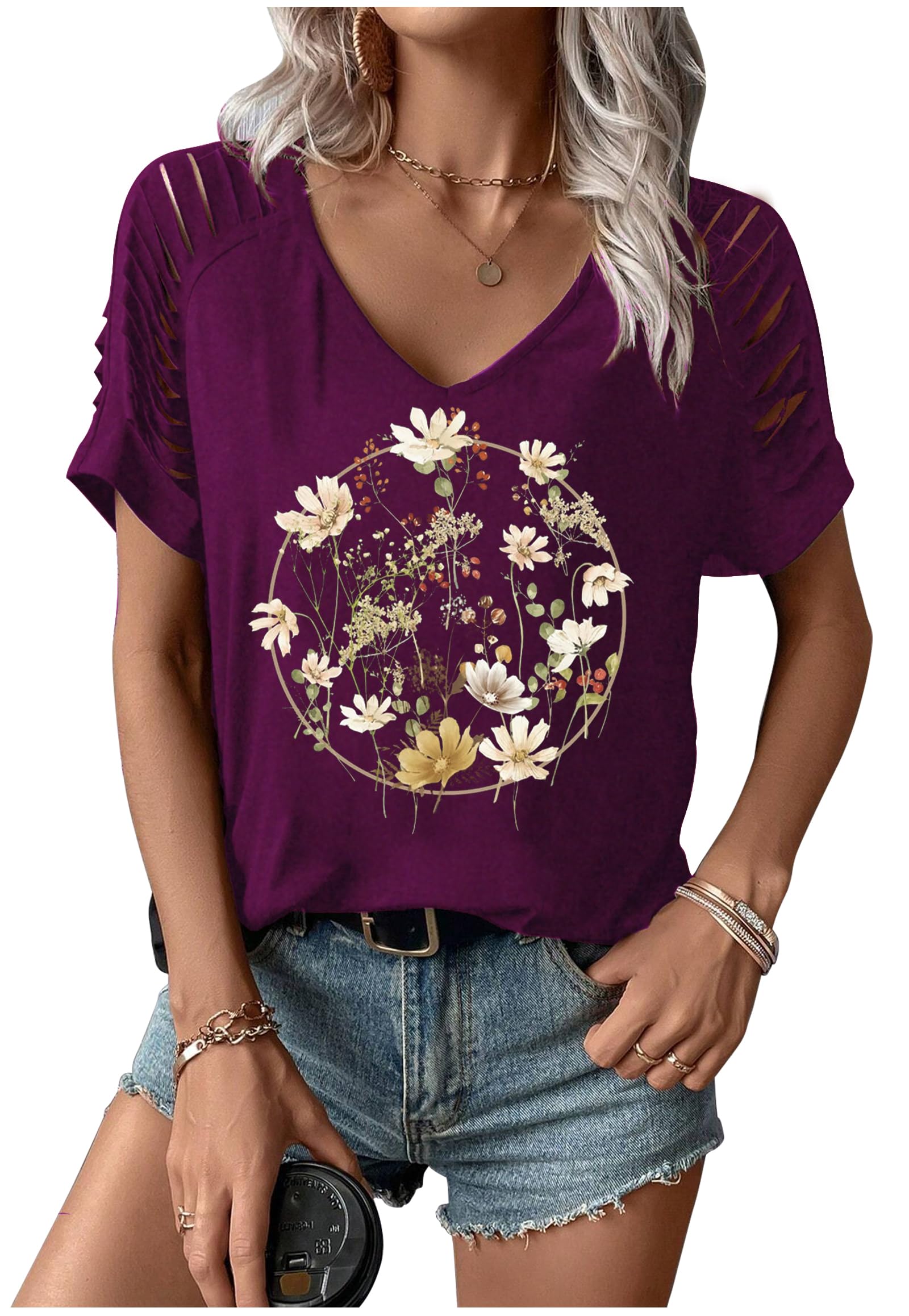 Womens Cut Out Cold Shoulder T Shirts Boho Floral Graphic Tshirts Nashville Country Lacerated Sleeve Cowgirls Tee Tops