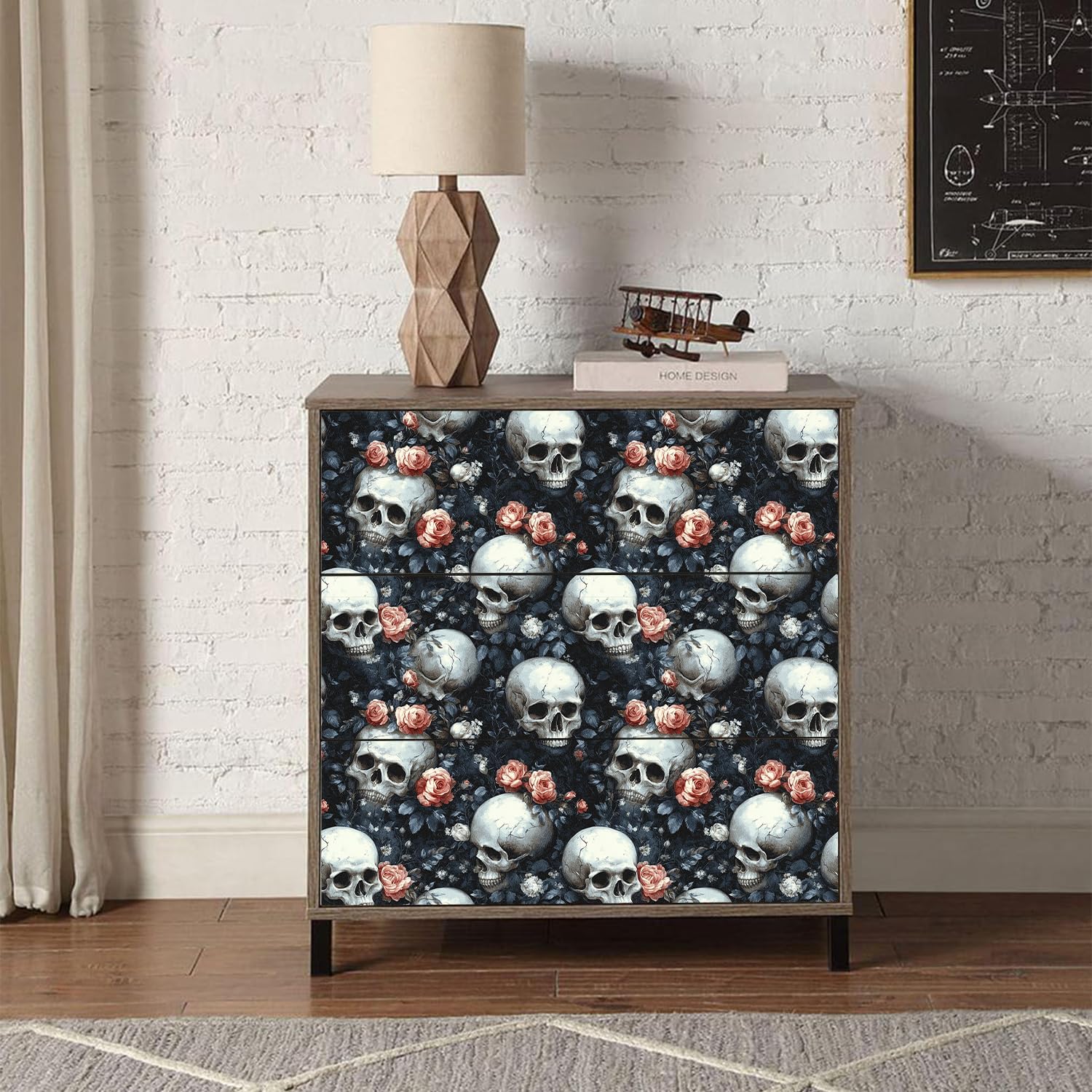 17.7x118 Inches Gothic Peel and Stick Wallpaper,Sugar Skull Floral for Bedroom Blue/White Removable Accent Wall Decorations
