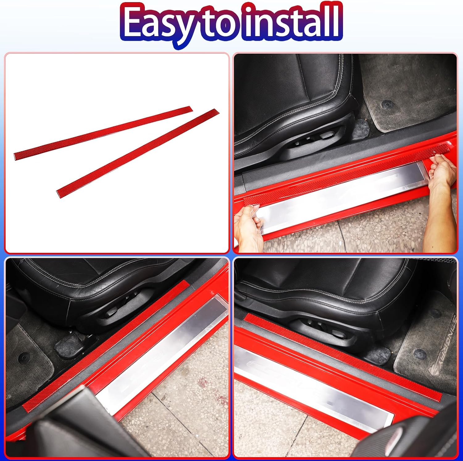 Car Door Sill Protector Cover,Carbon Fiber Inner Door Sill Anti-Slip Guard Trim 2PCS, Interior Door Sill Cover Scuff Plate Trim Compatible with Chevrolet Corvette C7 2014-2019 (Style C-Red Carbon)
