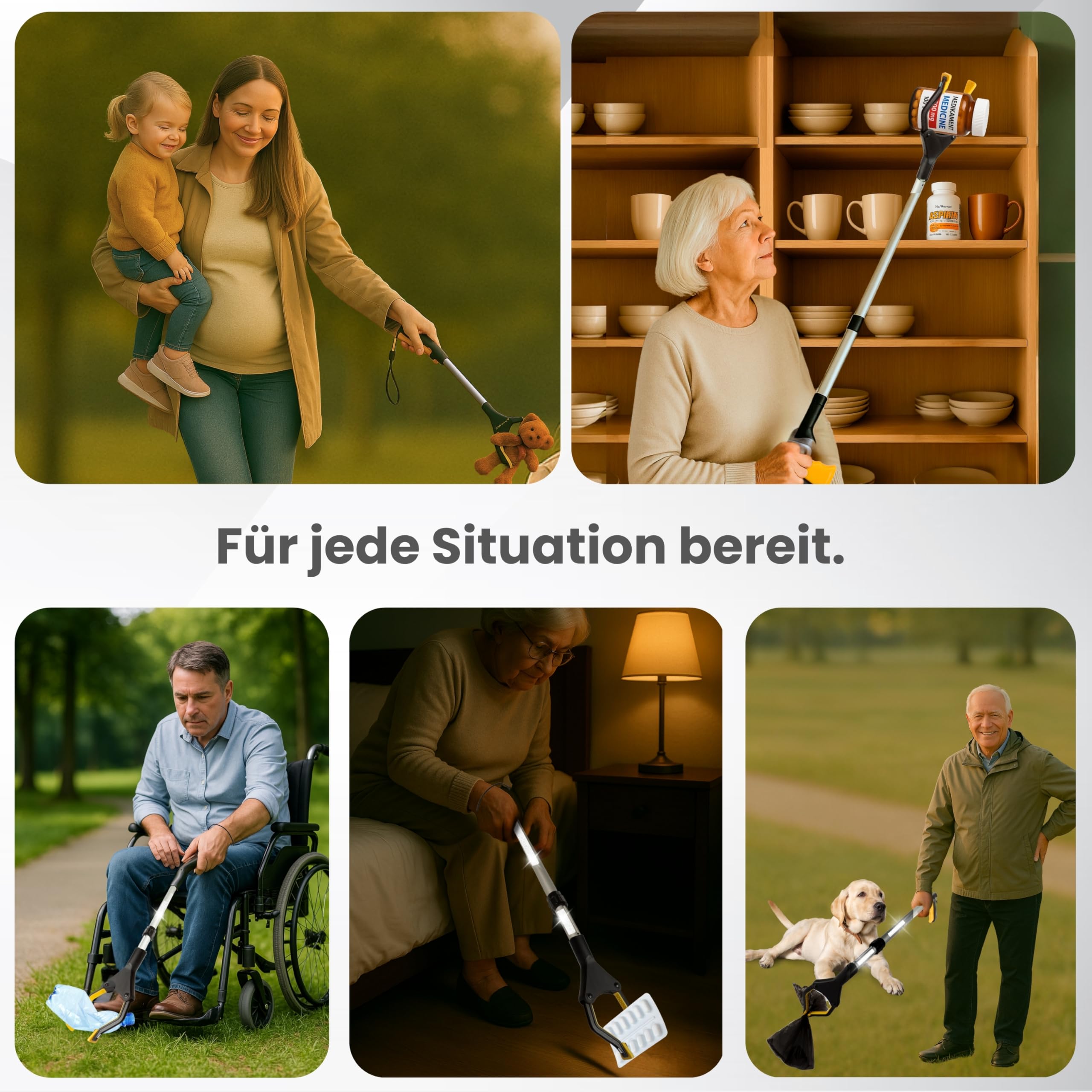 [75-111cm] Greifzange für Senioren, Greifer mit Aluminium Teleskop Stange für individuelle Einstellung und starkem Griff mit 360° Drehkopf, Ergonomischer Reacher für Senioren mit Magnet-Greif