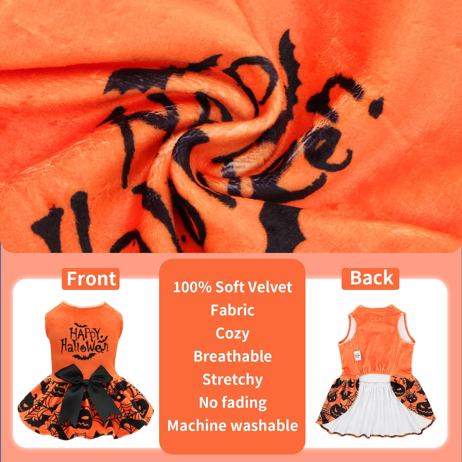 CuteBone CVA57XXS-D Robes d'Halloween en velours pour petits chiens, vêtements pour animaux de compagnie, jupe avec nœud et corde à poils