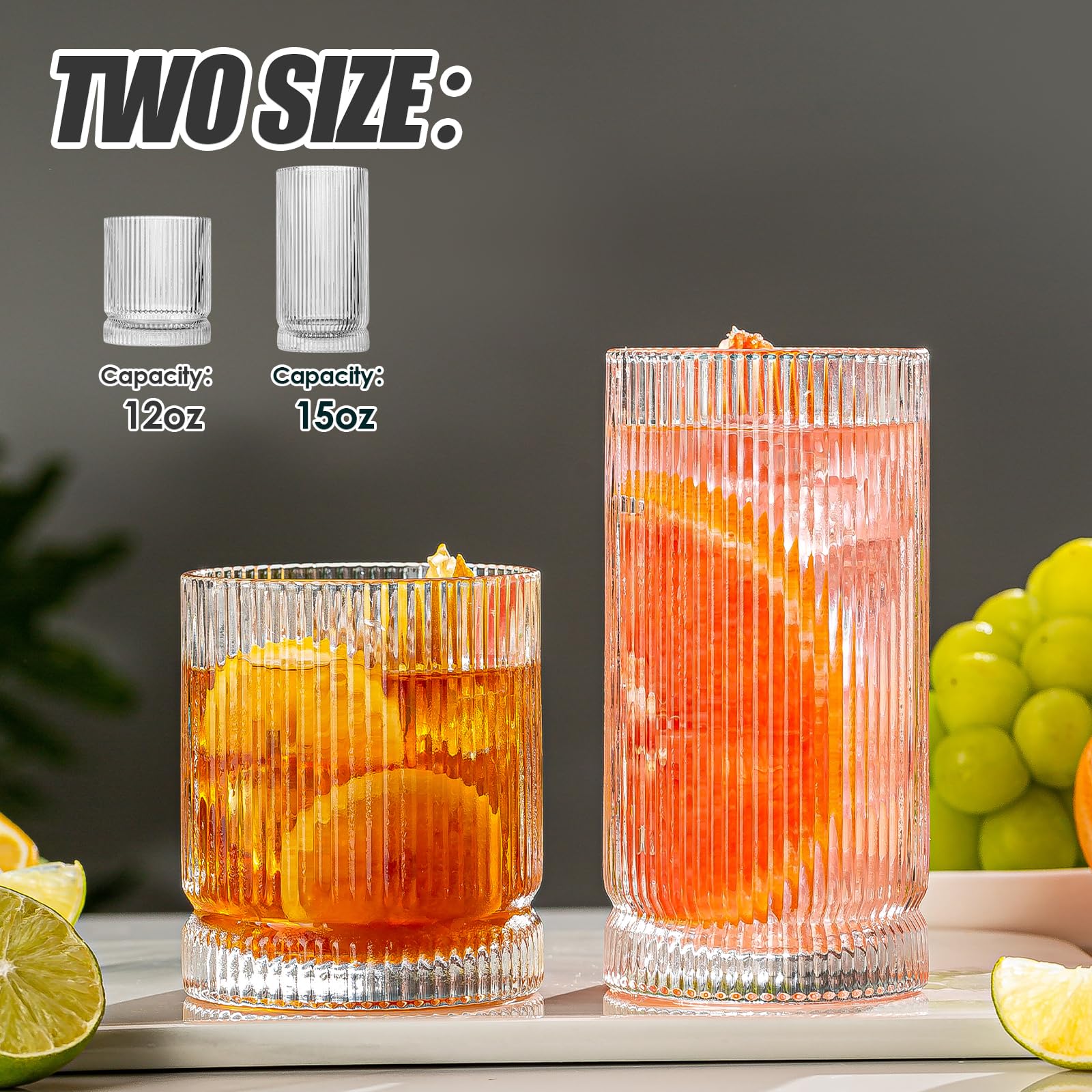 Trinkgläser, Set mit 8 Glasbechern im Origami-Stil, 4 Highball-Gläser, 425 ml und 4 Rocks-Gläser, 340 ml, Mojito-Becher, Cocktailglas, elegante geriffelte Vintage-Gläser für Cocktail, Bier