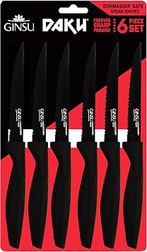 GINSU Daku 6-Piece Steak Kitchen Knife Set - Dishwasher Safe and Always Sharp, Perfect for Any Steak Lover Practical Table Knives - Black
