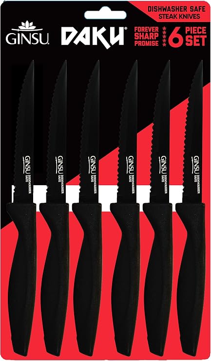GINSU Daku 6-Piece Steak Kitchen Knife Set - Dishwasher Safe and Always Sharp, Perfect for Any Steak Lover Practical Table Knives - Black