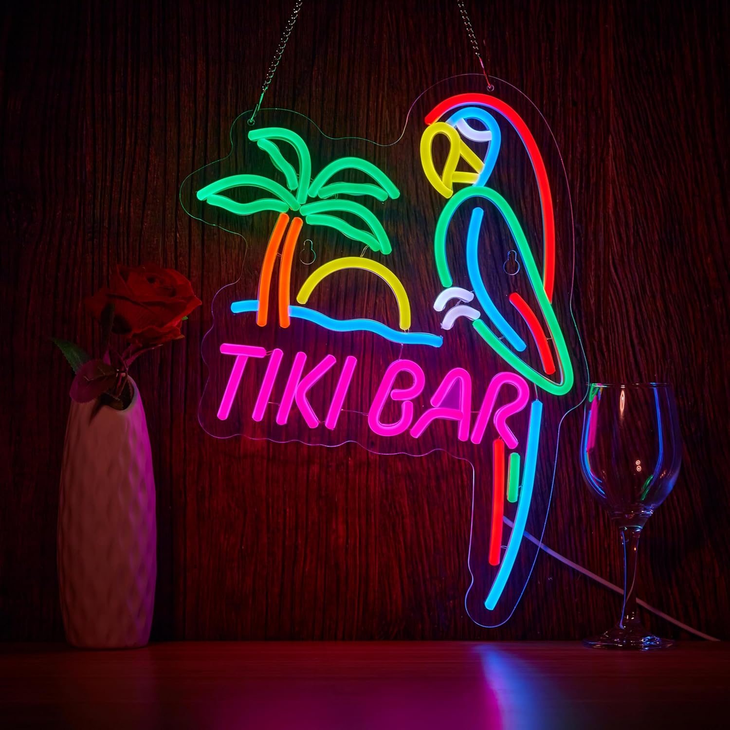 ZODZ Tiki Bar Parrot Neon Light Sign for Wall Décor Hawaii Pool Tiki Bar Party Dimmable Switch LED Lights with USB Powered for Man Cave Decor Gift.