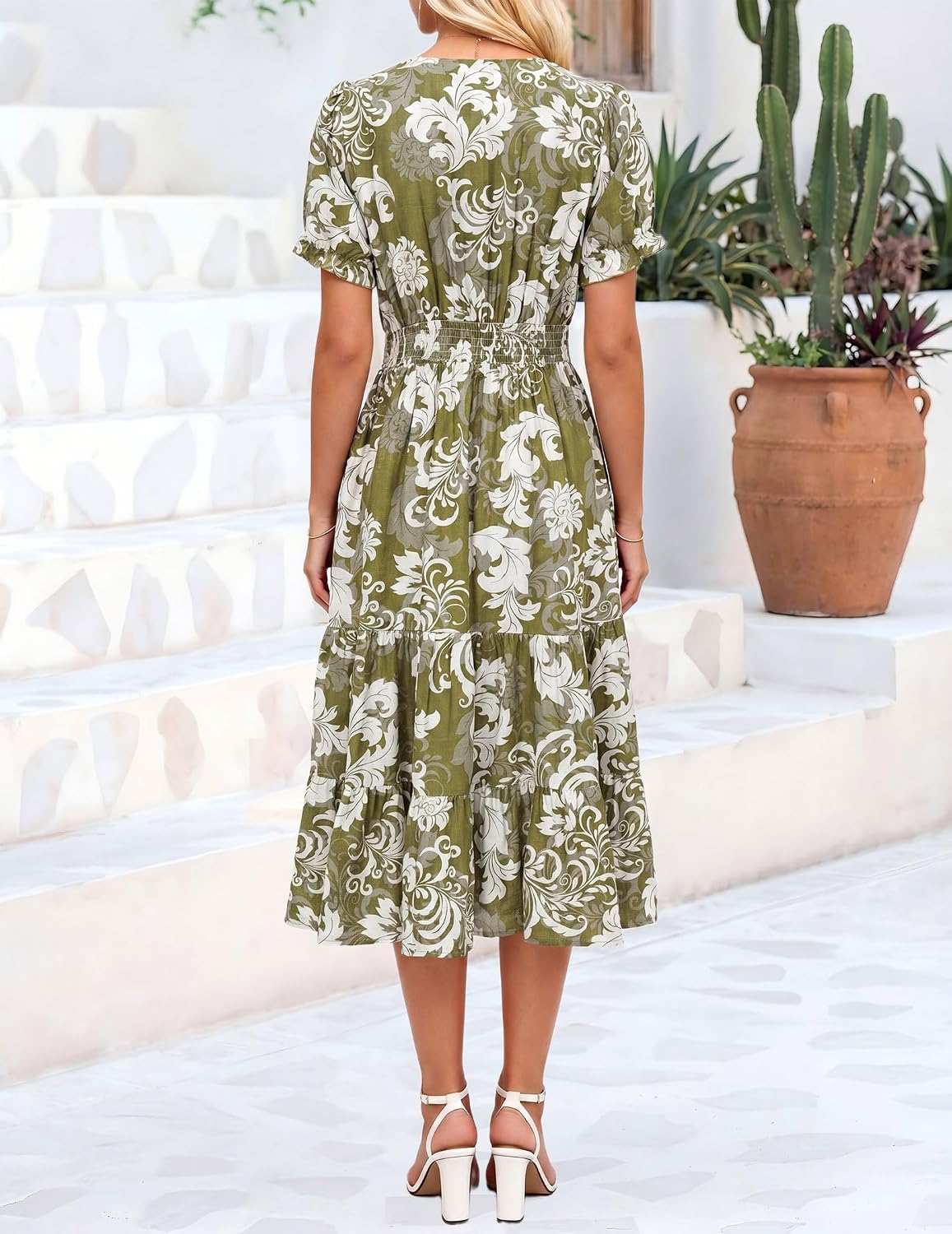 Summer Dresses Midi Dress V Neck Puffy Short Sleeve Flowy Casual Vacation Beach Sundresses 2026 with Pockets