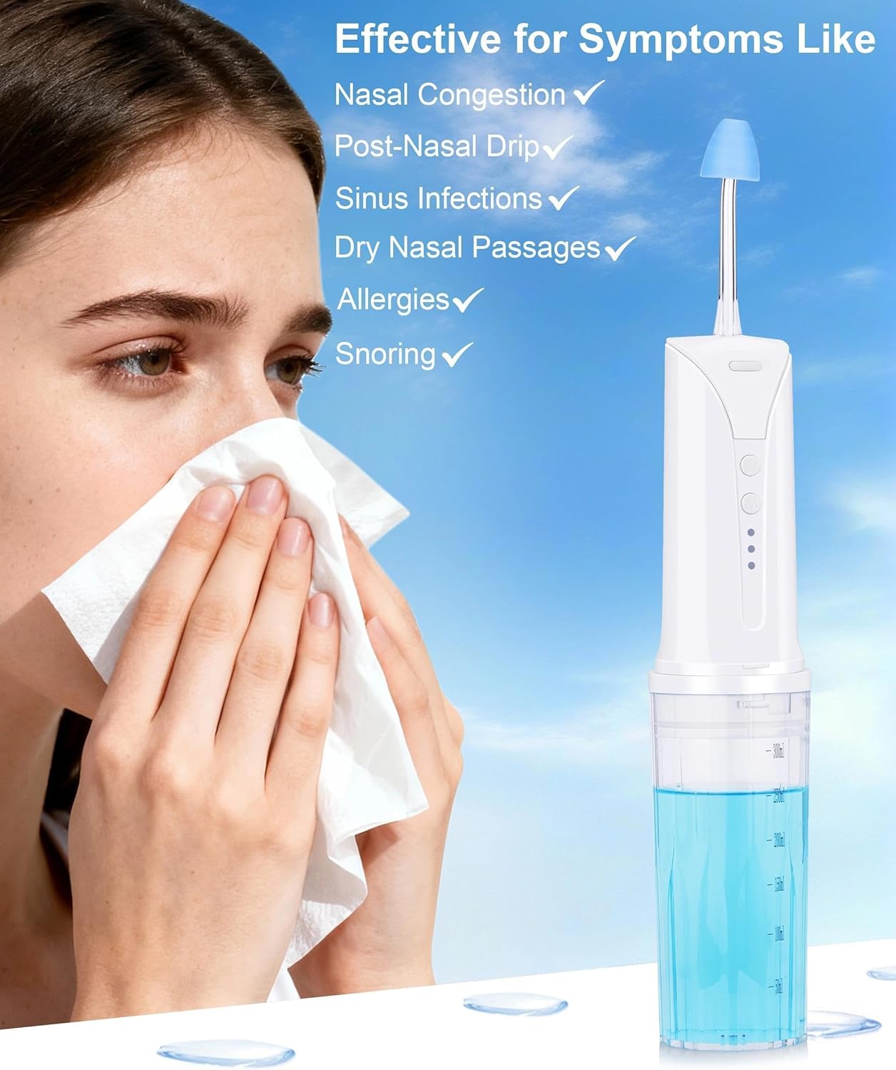 Neti Pot, Nasal Irrigation System, 300ml, 2 Flushing Modes, USB‑C Rechargeable for Sinus Relief, Allergy Care, Portable Nose Washing with Adjustable Flow