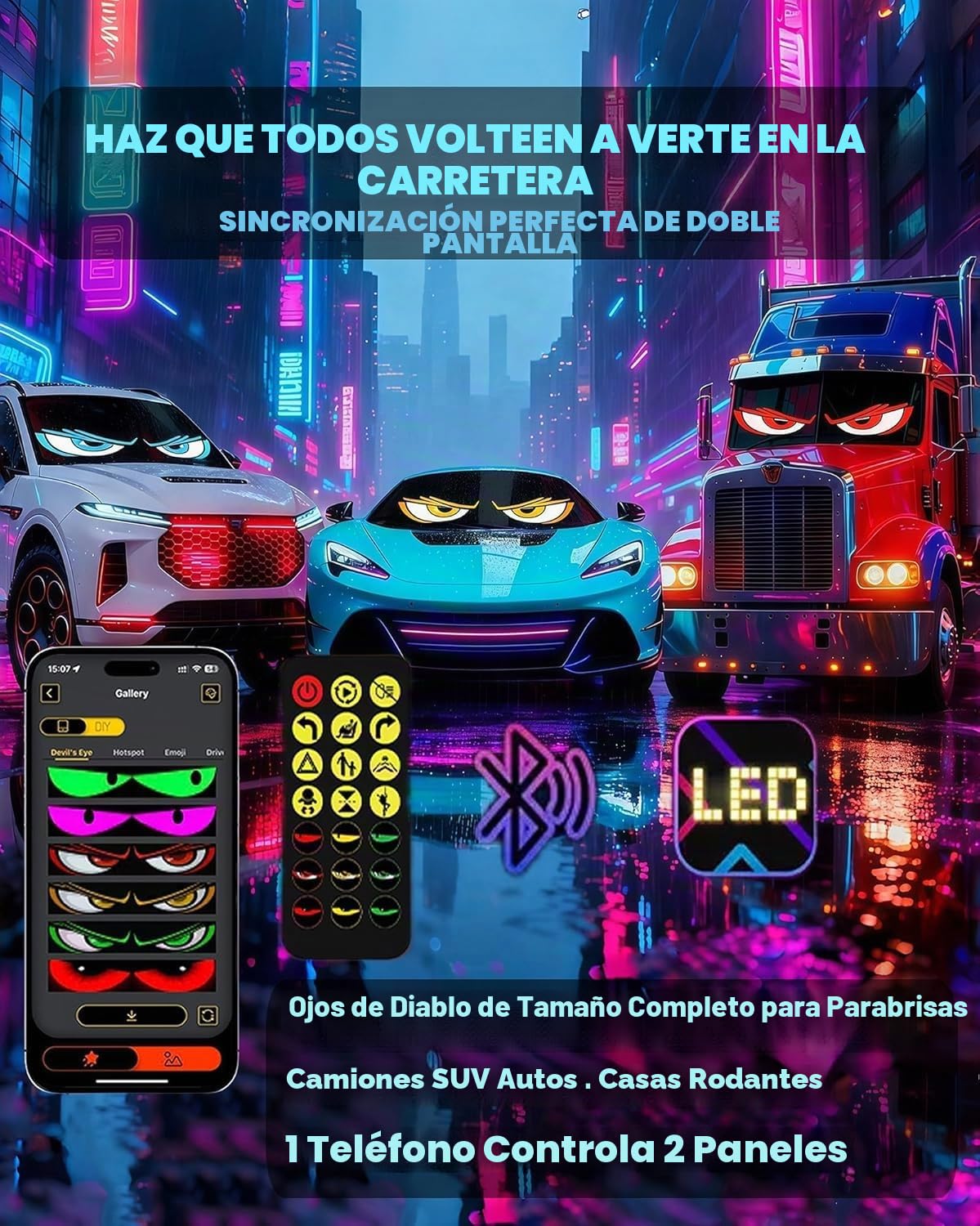 2 Piezas Ojos LED para Camión 120 x 595 mm, Pantalla LED Programable con App y Control Remoto, Devil Eyes para Coche y Camión, Diseño Dinámico DIY, Gran Panel Decorativo Exterior para Vehículos