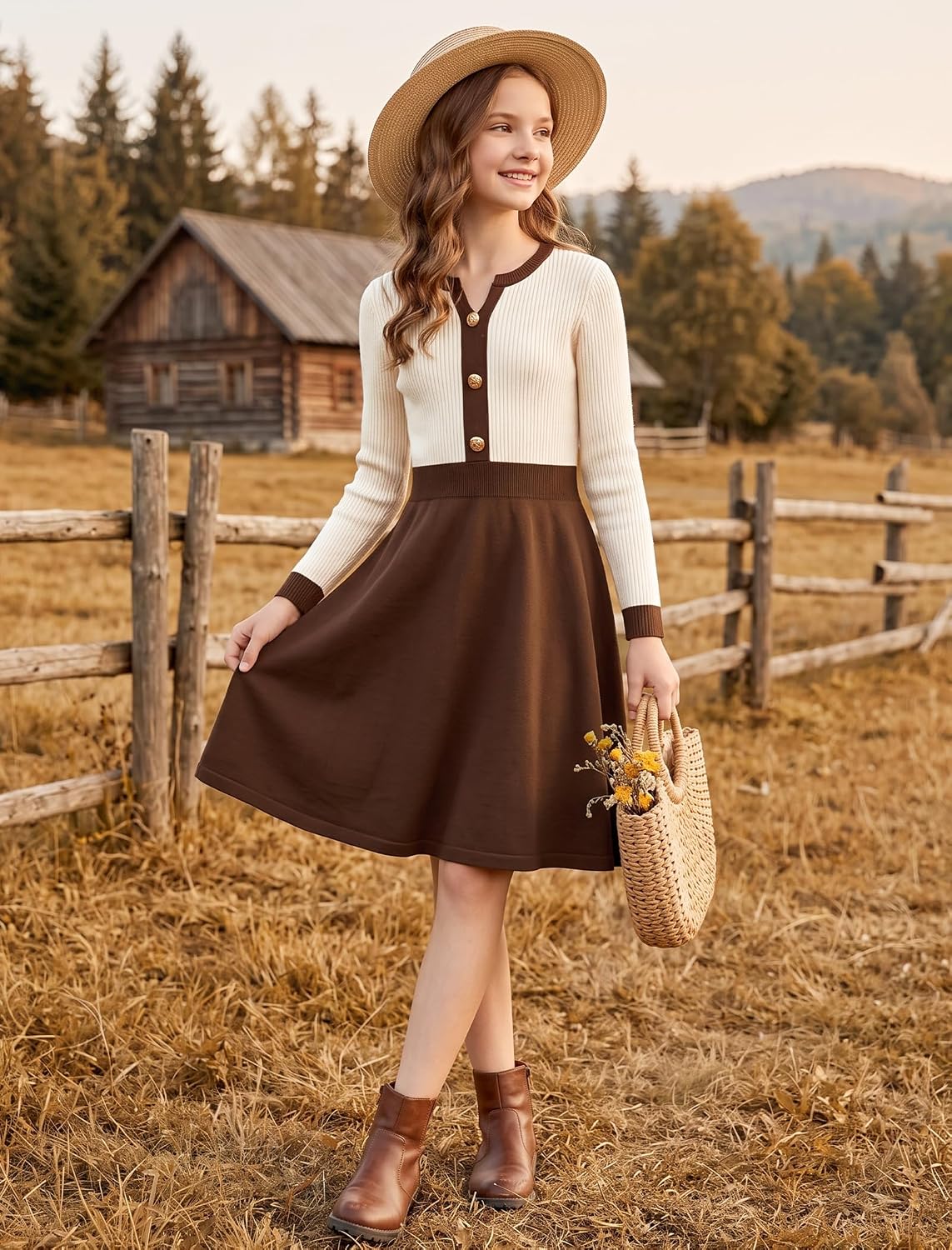 HOZIY Girls Fall Sweater Dress V Neck Knit Button A Line Contrast School Casual Holiday Winter Long Sleeve Dresses 6-14Y