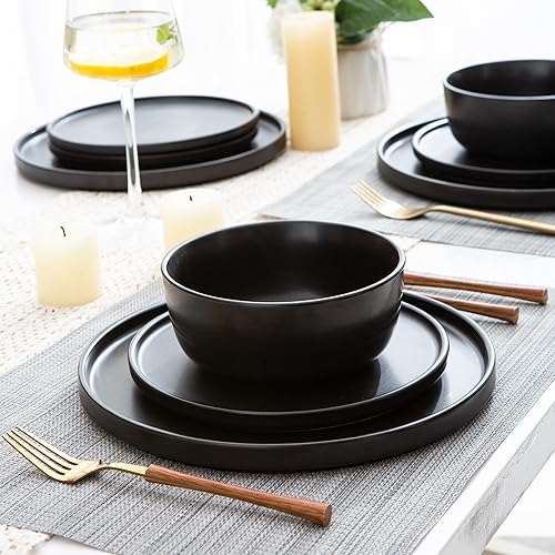 Miniatura 2 de AmorArc Juego de 4 platos y cuencos de cerámica reactiva, altamente resistente a las astillas y grietas, apto para lavavajillas y microondas  Juego