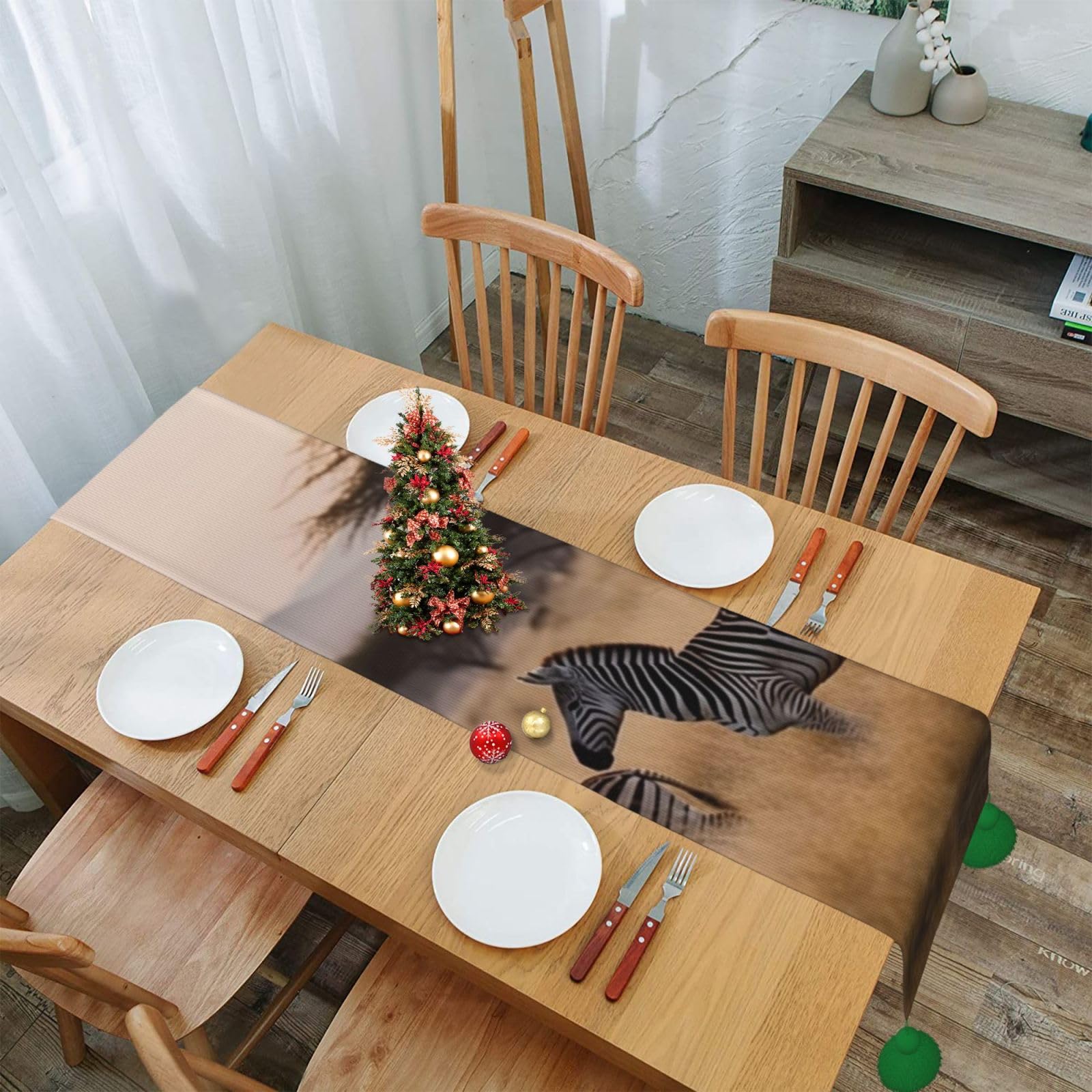 Chemin de table zèbre décoration de Noël rustique avec franges de 152 cm