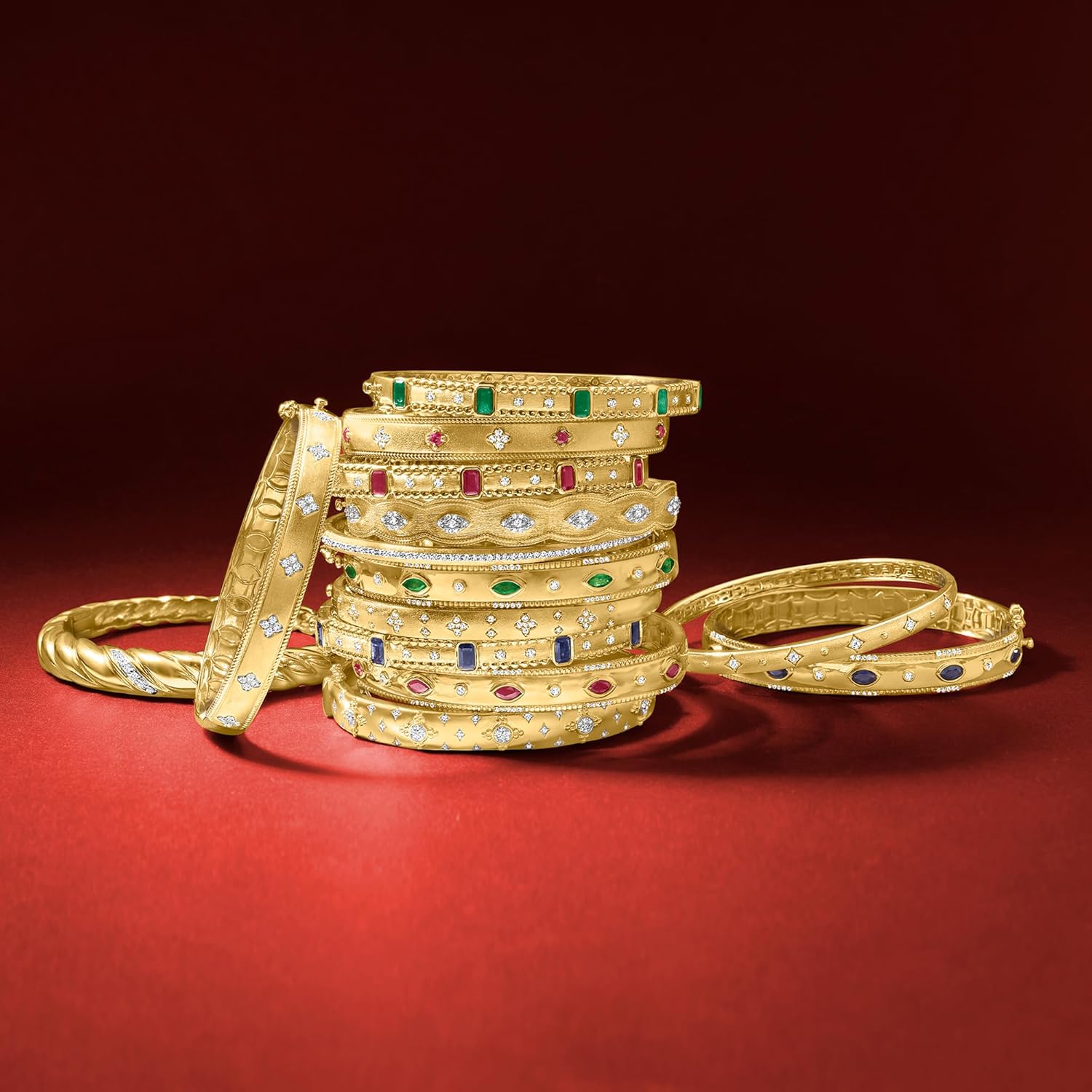 Ross-Simons 1.40 ct. t.w. Emerald and .15 ct. t.w. Diamond Bangle Bracelet in 18kt Gold Over Sterling