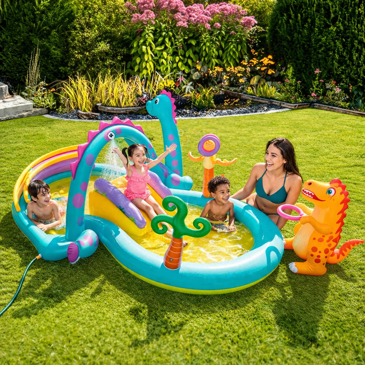 Dinosaur Kids Inflatable Water Play Pool with Slide & Splash Features