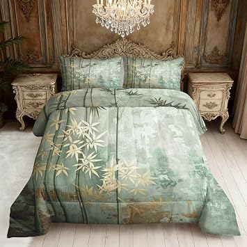 Gold Bamboo Leaf Comforter Set Queen Size, Asian Oriental Bedding 3 Piece Super Soft for All Season, Gold Bamboo Leaf Bedroom Decor, Down Alternative Bed Comforter with 2 Pillowcases 97A8K | Lightweight