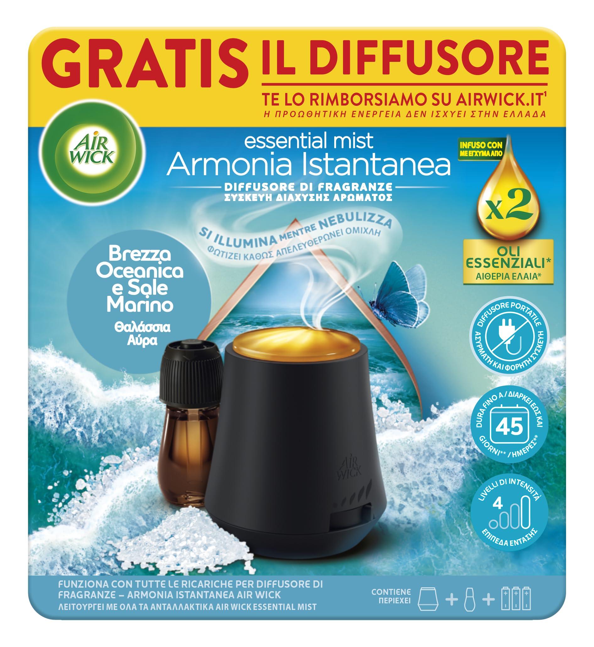 Airwick Armonia Istantanea Profumatore per Ambienti, Confezione con 1 Diffusore di Oli Essenziali e 1 Ricarica alla Fragranza Brezza Oceanica per Diffusore di Oli Essenziali