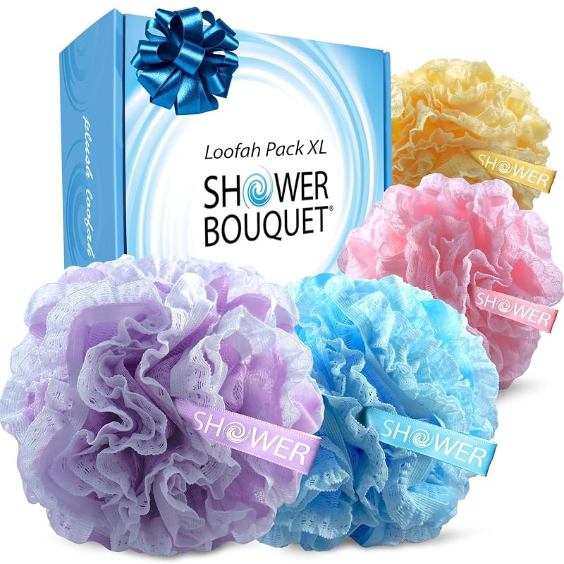 Shower Bouquet Conjunto com 4 buchas de banho de malha e renda, 60 g, cores variadas