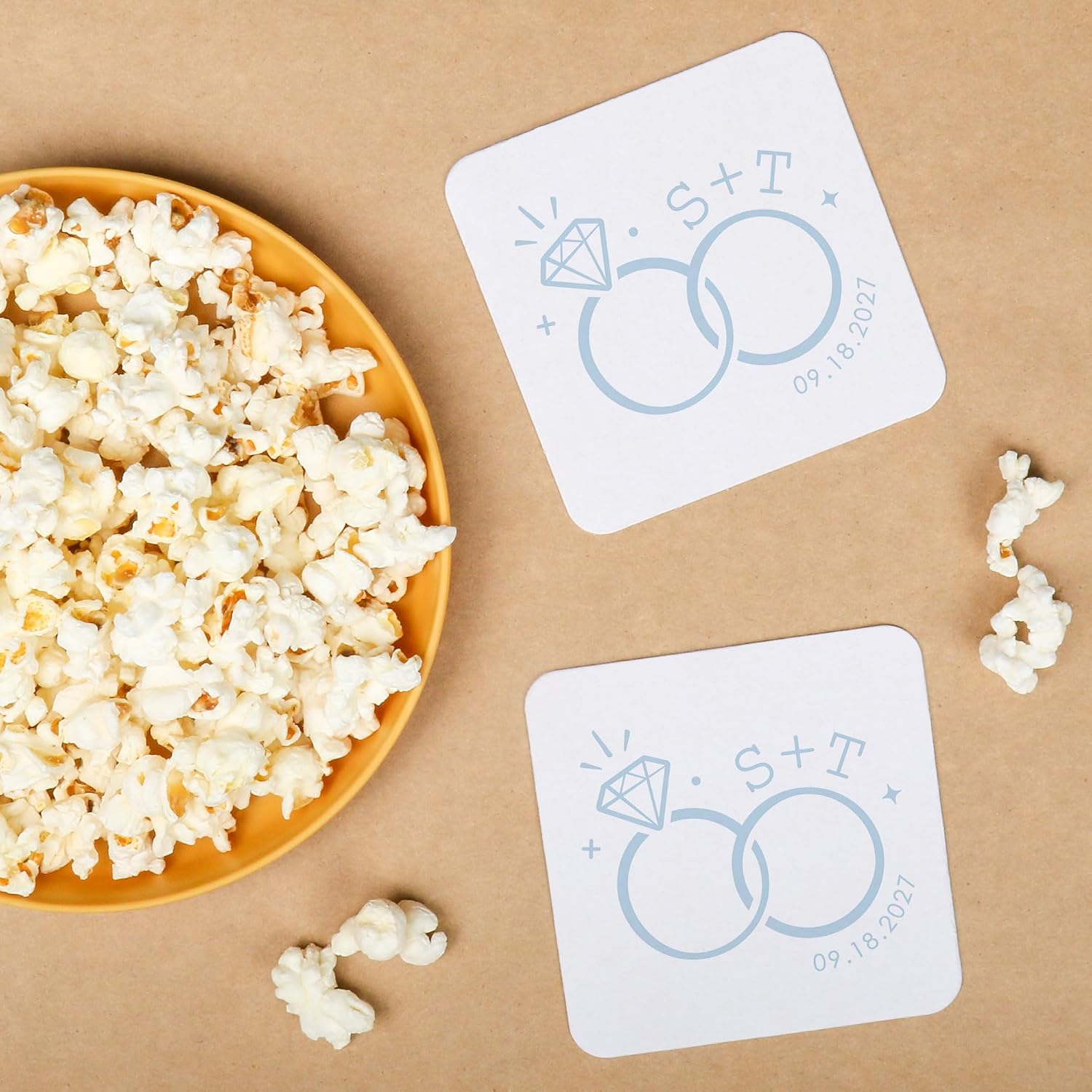 Big Dot of Happiness Personalized Dusty Blue Wedding Rings Drink Coasters, 4-Inch Disposable Round Paper Coasters for Weddings or Engagement Party, Funny Cocktail Table Decor for Bar Drinks - 25 Ct