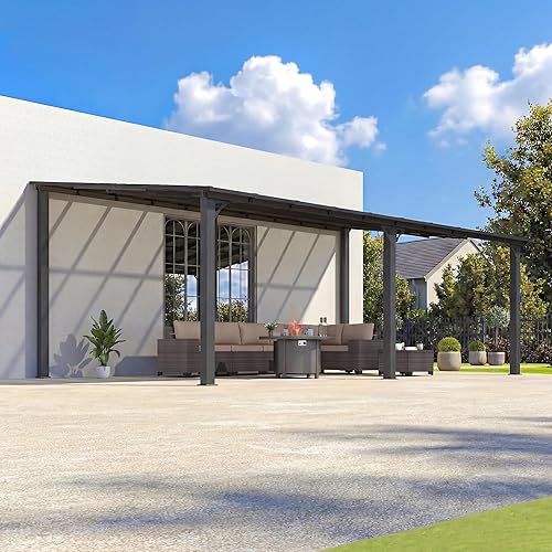 Gotland 12 FT x 20 FT Pergola, Lean to Gazebo with Ground Anchor Sturdy Structure, Outdoor Gazebo with Sloped Roof, Galvanized Steel Metal Pergola, Wall Mounted Gazebo for Backyard Deck Black