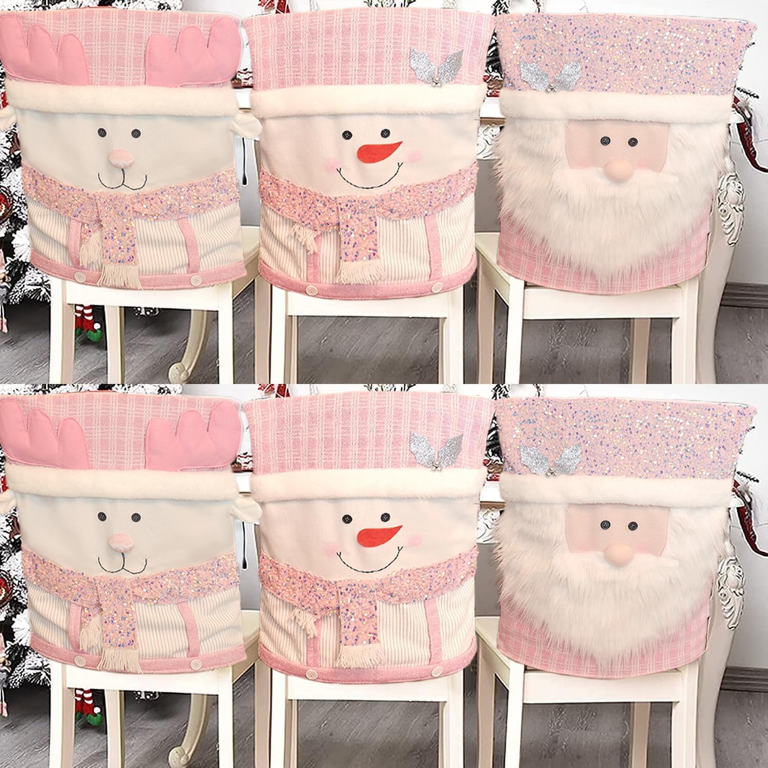 Christmas Dining Room Chair Back Cover Set of 6, Stretch Jacquard Chair Slipcover Removable Washable Chair Protector for Home, Santa Claus Snowman Chairs Cover Green and Red