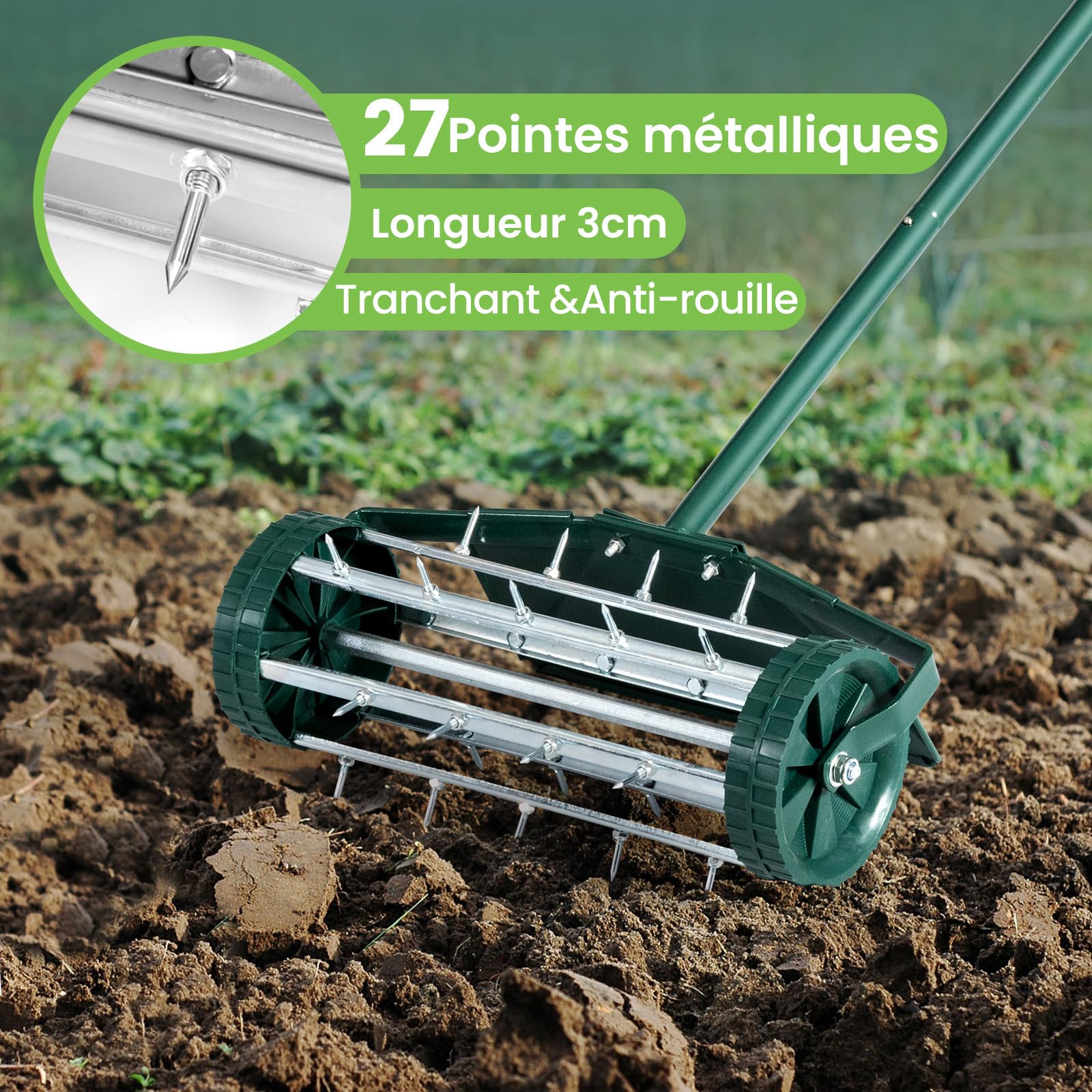 RELAX4LIFE Scarificateur Gazon Manuel avec Garde-Boue&Poignée&Rouleau à Pointes Rotatives, Rouleau Aérateur Gazon de Pelouse en Métal pour Jardin Cour Patio, Vert (avec Garde-Boue)