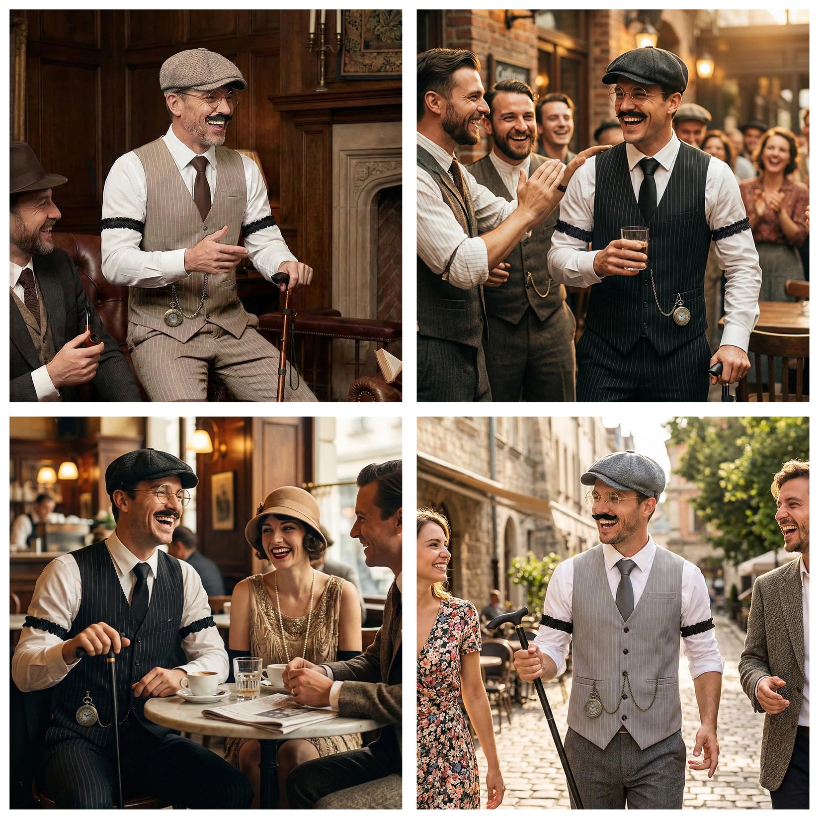 20er Jahre Kostüm Herren Damen, Mafia Karneval Set mit Weste Hosenträger Hut Krücke Faltbare Krücke, Anzug für 1920S Gangster Halloween Mottoparty