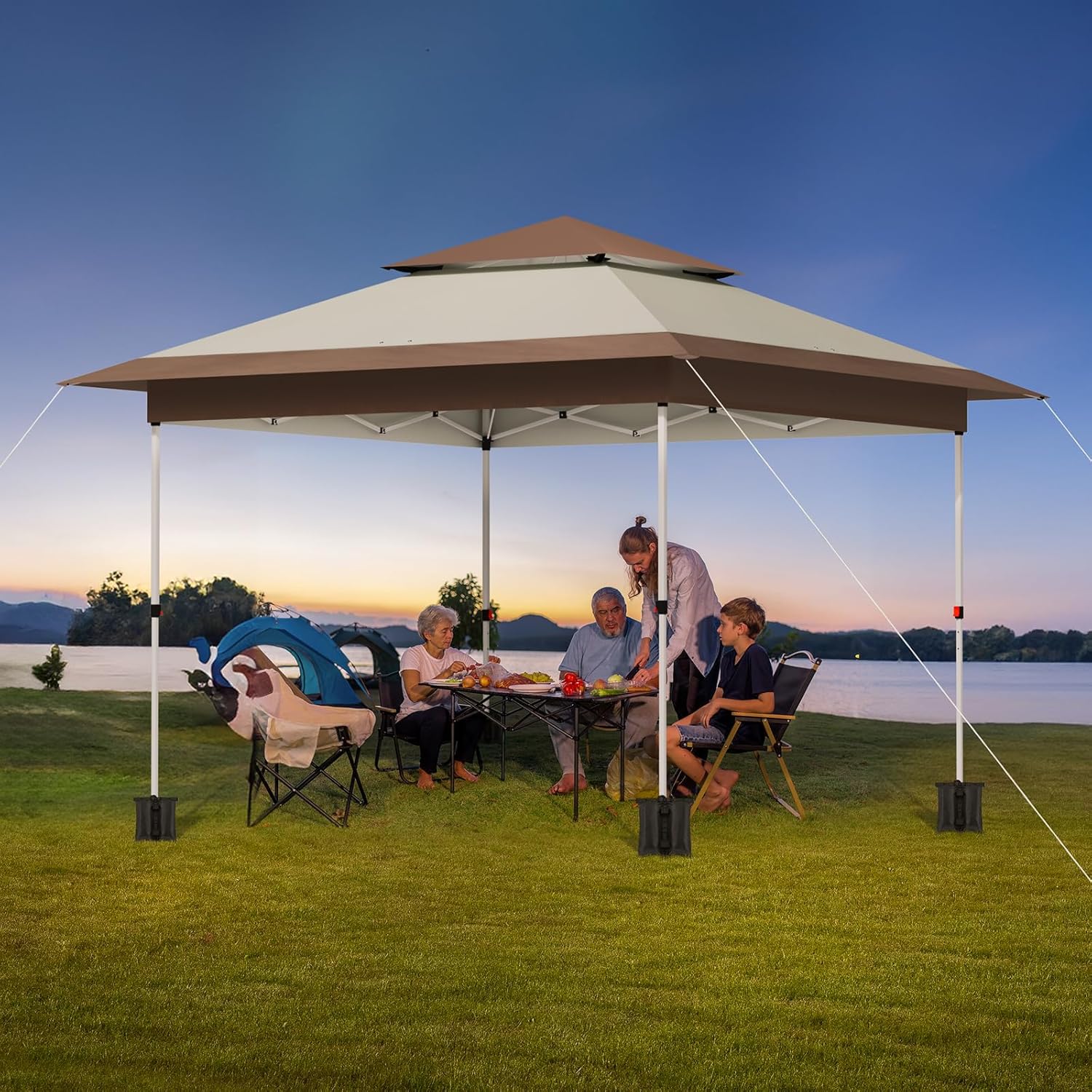 TLSUNNY 13X13 Pop Up Canopy Tent, Camping Shader W/Overhanging Eaves & Sand Bag, Outdoor Gazebo Shelter W/One Push Setup & Wheeled Bag, Height Adjustable, for Patio, Market, Party (Khaki, 13FTX13FT)