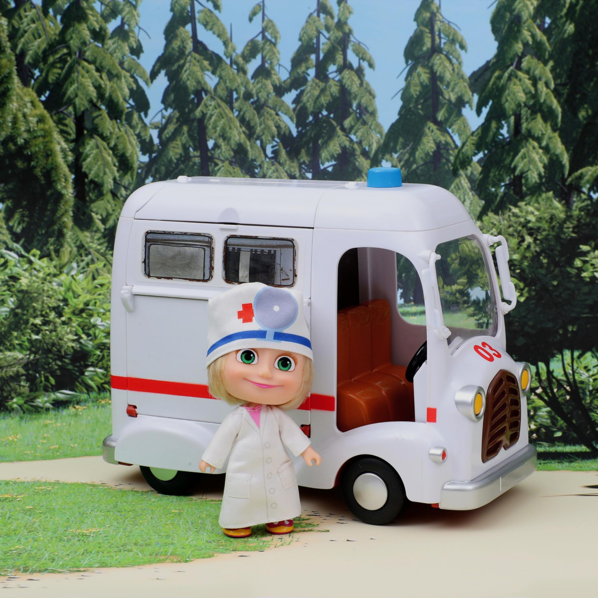 MASHA & THE BEAR - Ambulanza Di Masha E Orso, Veicolo Con Vano Apribile E Bambola Masha Dottoressa Da 12 Cm Inclusa, Ricca Di Accessori, Per Bambini e Bambine dai 3 anni