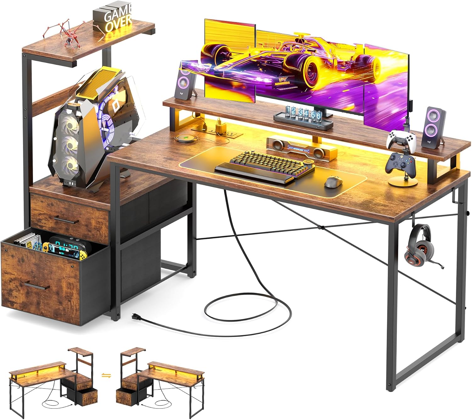 Aheaplus Gaming Desk with LED Strip & Power Outlet, 59Inch Reversible Computer Desk with Monitor Stand & Storage Shelves, Home Office Desks with Fabric File Drawer, Gamer Table PC Desk, Rustic Brown