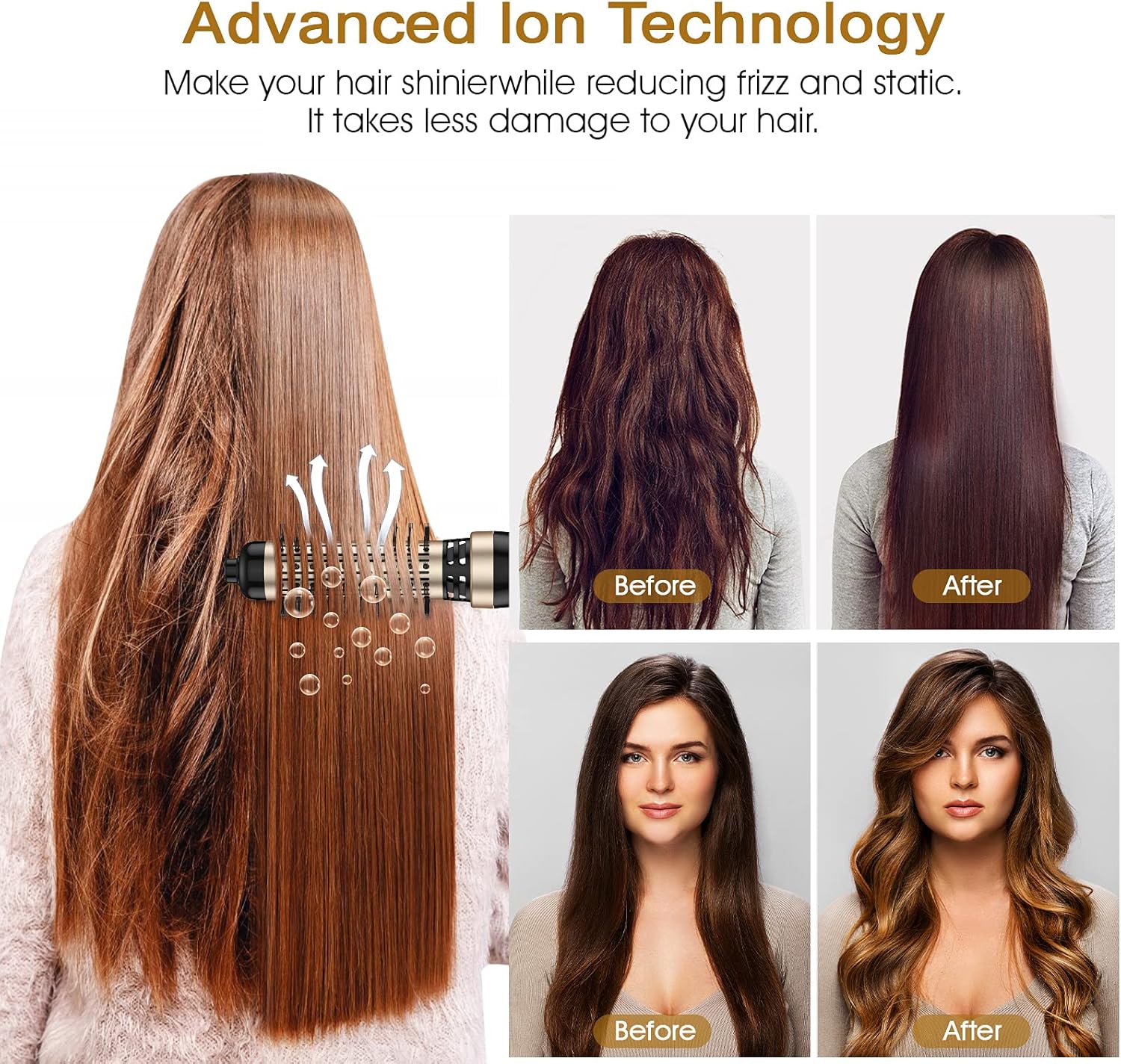 Hair Dryer Brush, 4-in-1 Hot Air Round Brush for Blow Drying, Negative Ionic Hair Tools with 2 Detachable Auto-Rotating Curling Brush for Women : Beauty & Personal Care