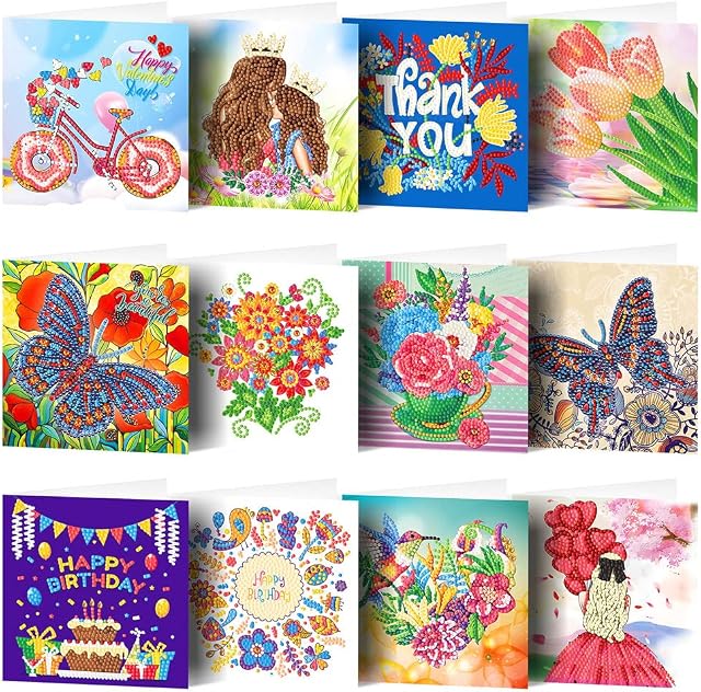 Diamond Painting Birthday Cards-5D Diamond Art Painting Birthday Greeting Cards Kit,Postcard with Blank Envelopes fit for Birthday Thanksgiving Mother's Day Kids Crafts Gift (12 Pieces)