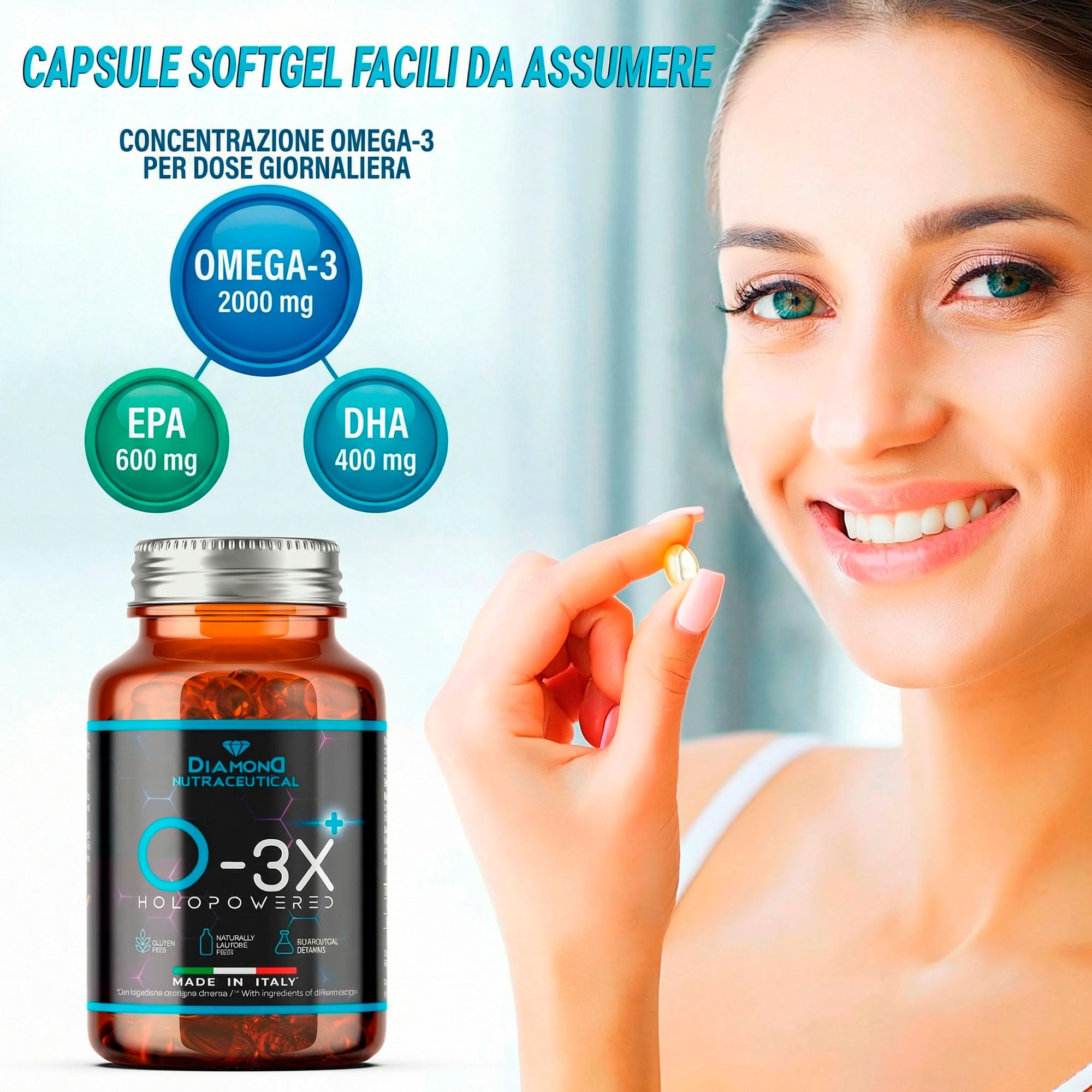 DIAMOND O-3X | Omega 3 Alaska Potenziato da Olio di Pesce Selvaggio Ultra Puro Distillazione Molecolare a Freddo Senza Retrogusto | Alta Concentrazione EPA+DHA - 90 Softgel