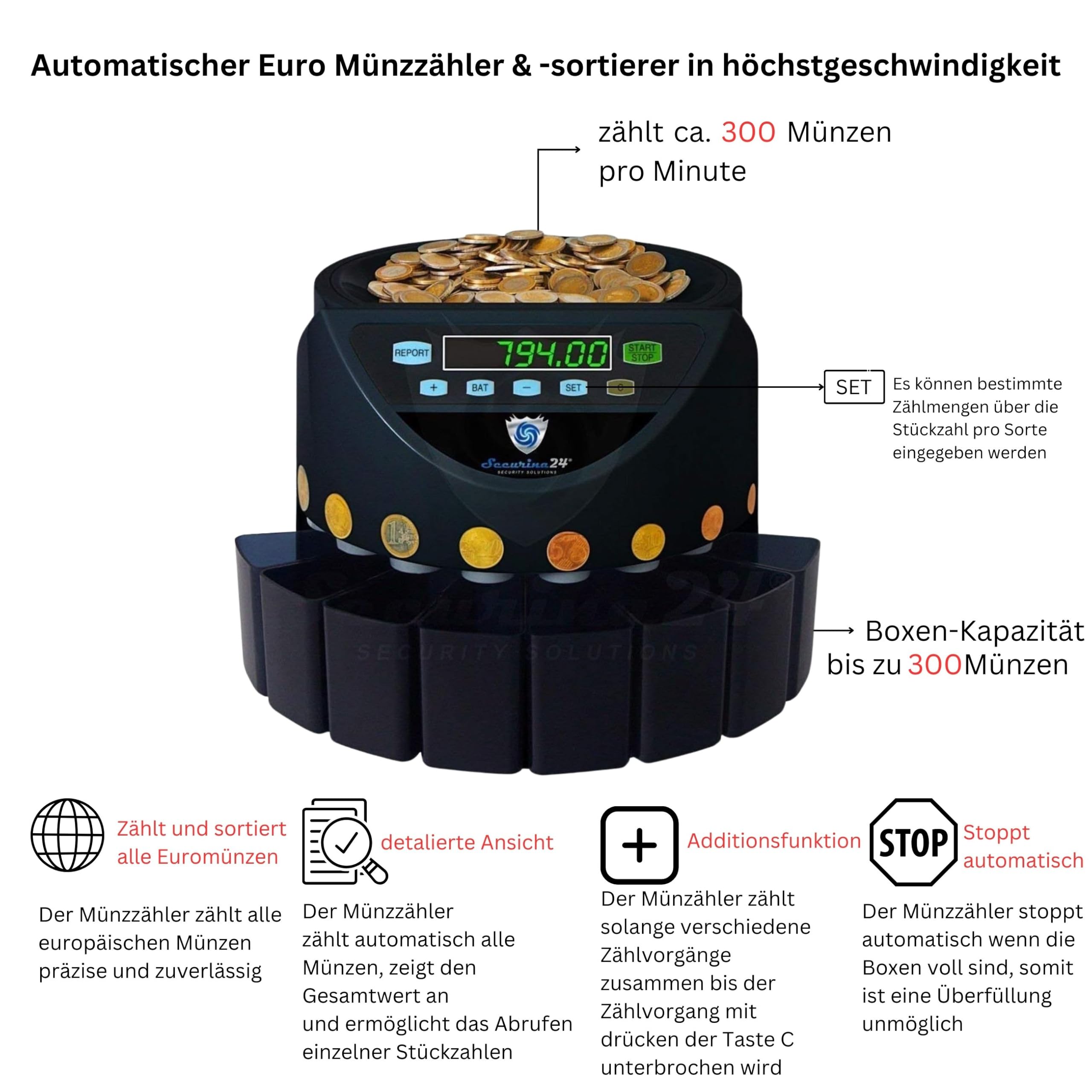 Securina24 SR1200BBB - Contador de monedas automático, color negro