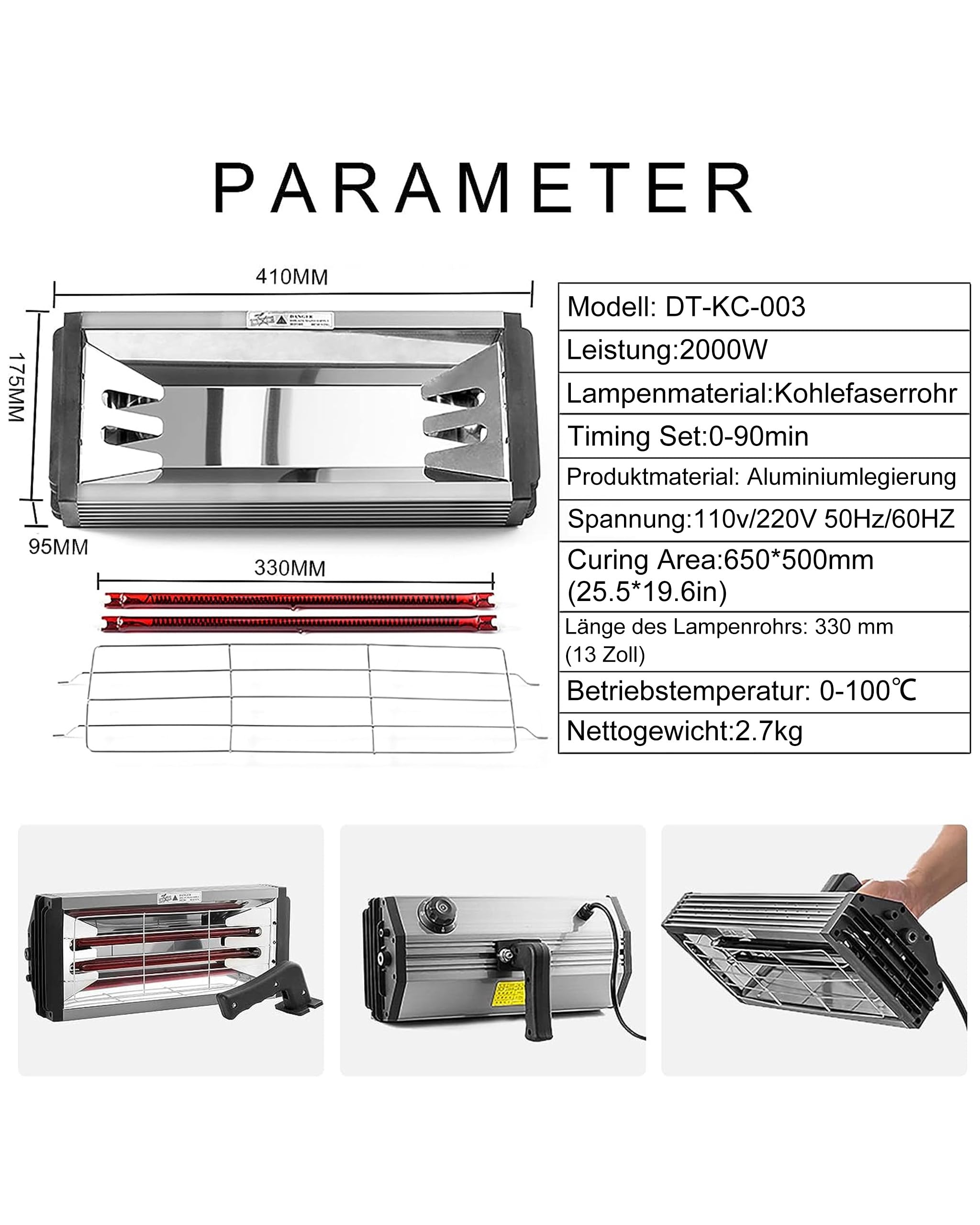 DATOUBOSS Lampada Infrarossi Carrozzeria 2000W Asciugatrice per Vernici per Auto Area di Asciugatura 650 * 500mm con Supporto Telescopico Lampada di Polimerizzazione Vernici