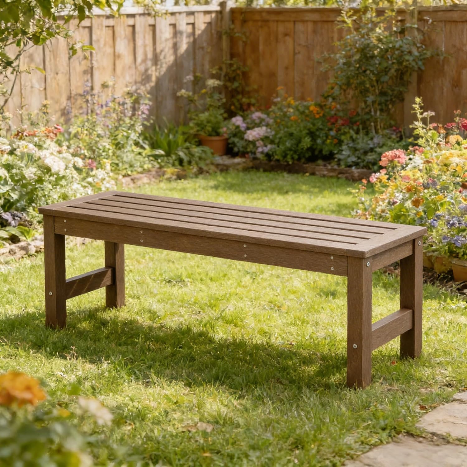 48" HDPE Outdoor Bench, All-Weather & Fade-Resistant 2-Person Garden Bench, Low Maintenance Patio Bench for Garden, Porch & Patio,Brown